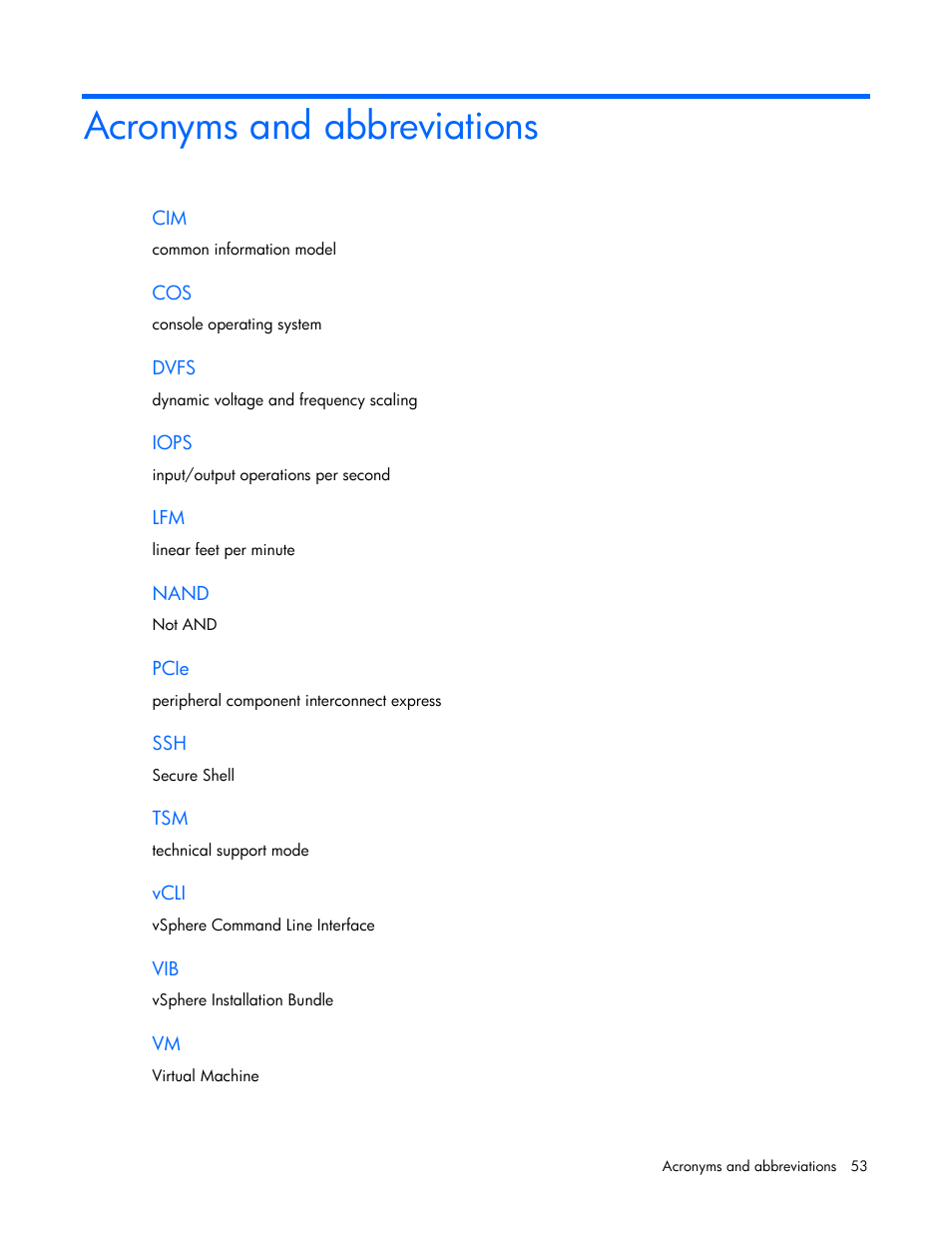 Acronyms and abbreviations | HP IO Accelerator for BladeSystem c-Class User Manual | Page 53 / 57
