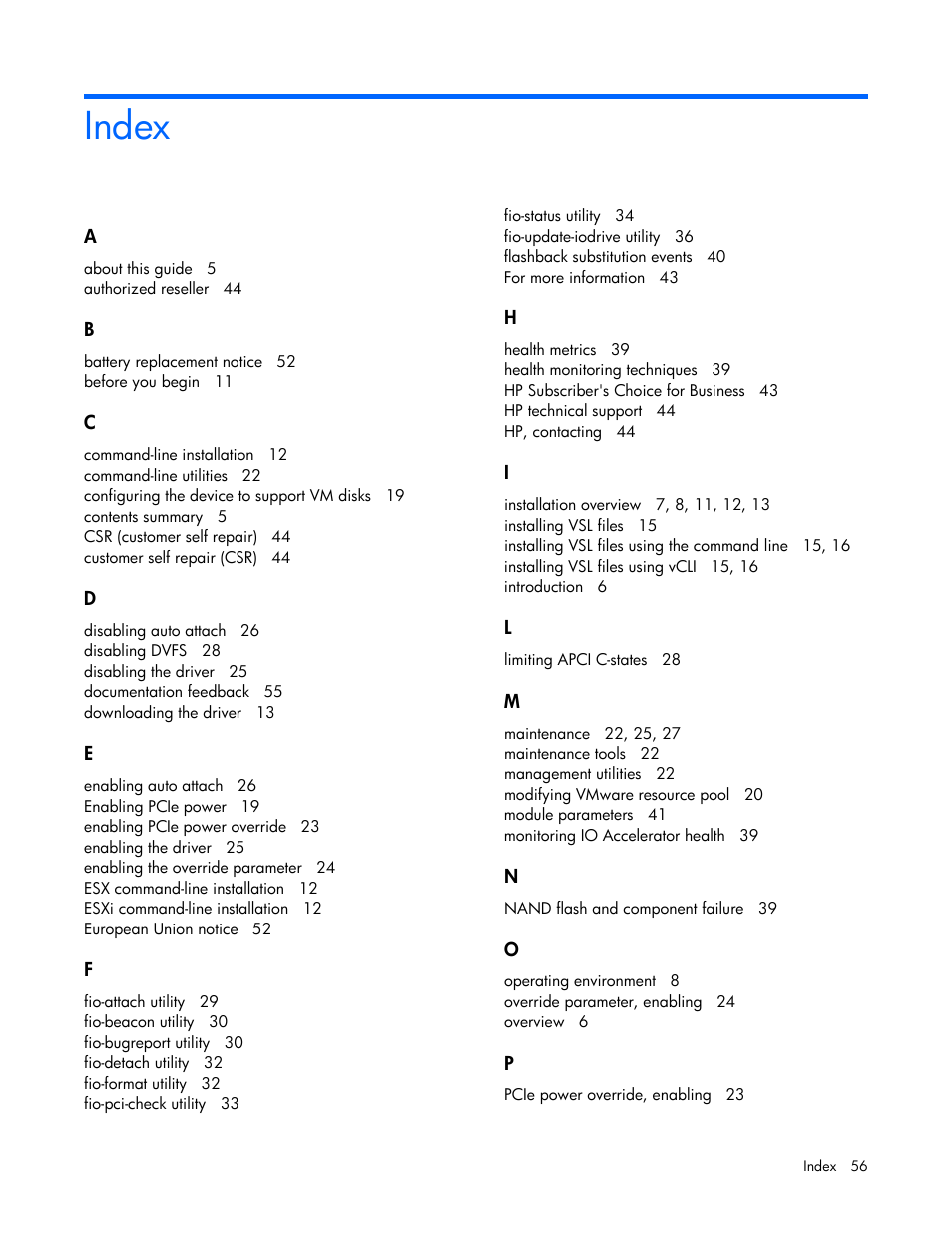 Index | HP IO Accelerator for BladeSystem c-Class User Manual | Page 56 / 57