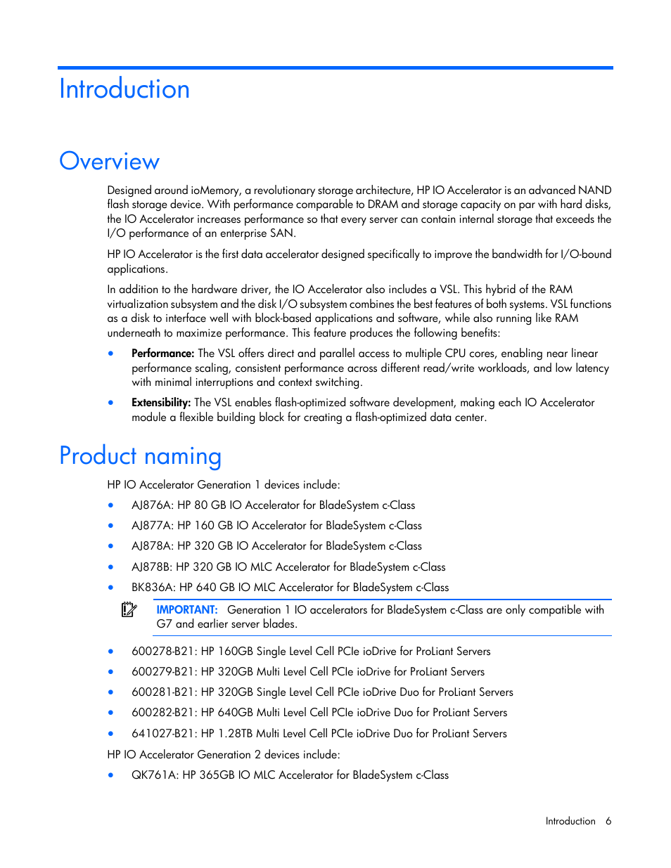 Introduction, Overview, Product naming | HP IO Accelerator for BladeSystem c-Class User Manual | Page 6 / 57