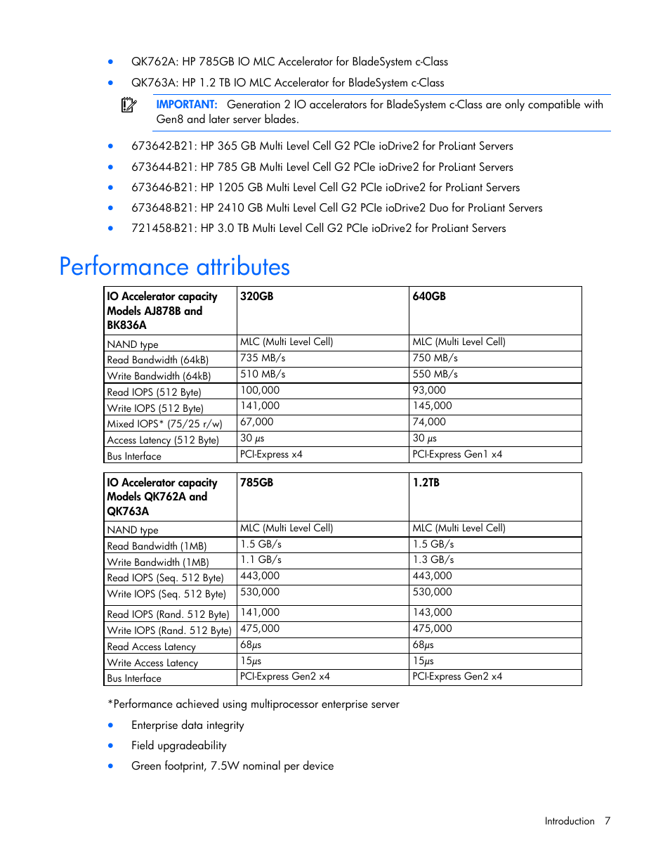 Performance attributes | HP IO Accelerator for BladeSystem c-Class User Manual | Page 7 / 57