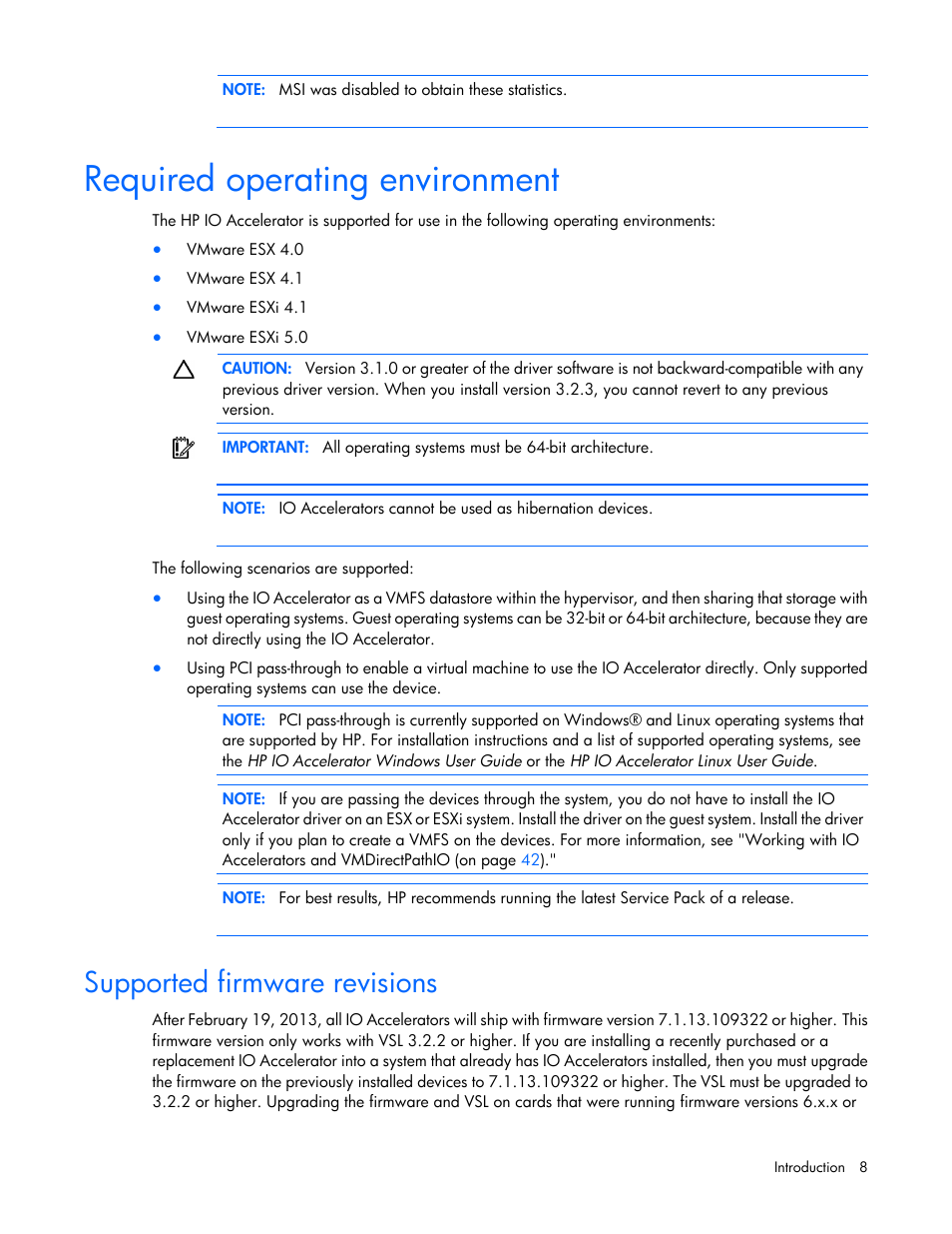Required operating environment, Supported firmware revisions | HP IO Accelerator for BladeSystem c-Class User Manual | Page 8 / 57