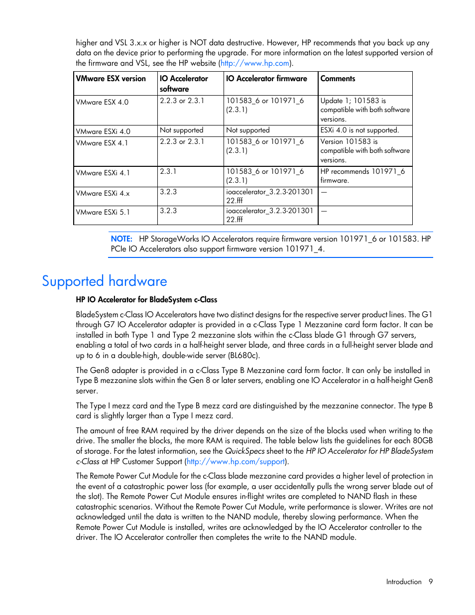 Supported hardware | HP IO Accelerator for BladeSystem c-Class User Manual | Page 9 / 57