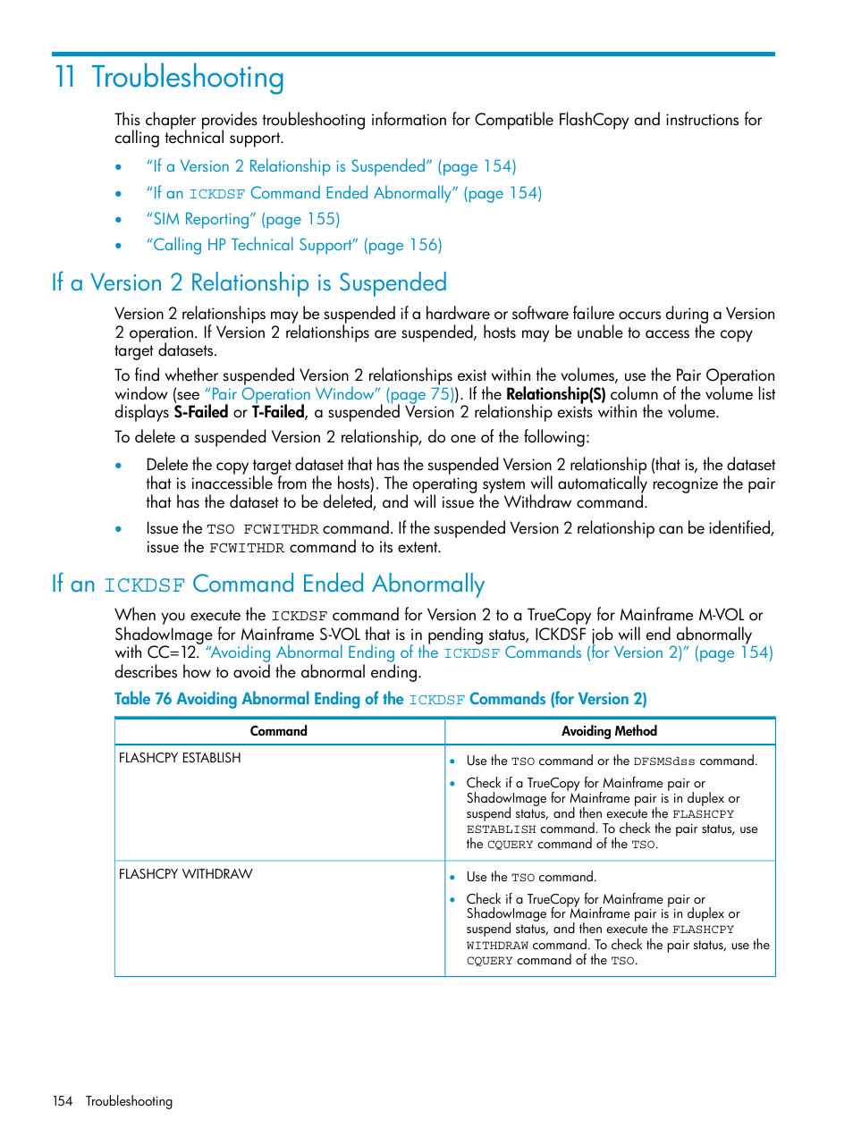 11 troubleshooting, If a version 2 relationship is suspended, If an ickdsf command ended abnormally | If an, Ickdsf, If an ickdsf | HP StorageWorks XP Remote Web Console Software User Manual | Page 154 / 161