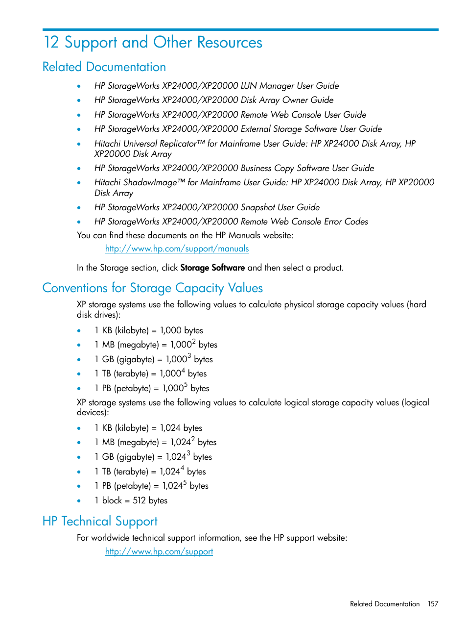 12 support and other resources, Related documentation, Conventions for storage capacity values | Hp technical support | HP StorageWorks XP Remote Web Console Software User Manual | Page 157 / 161