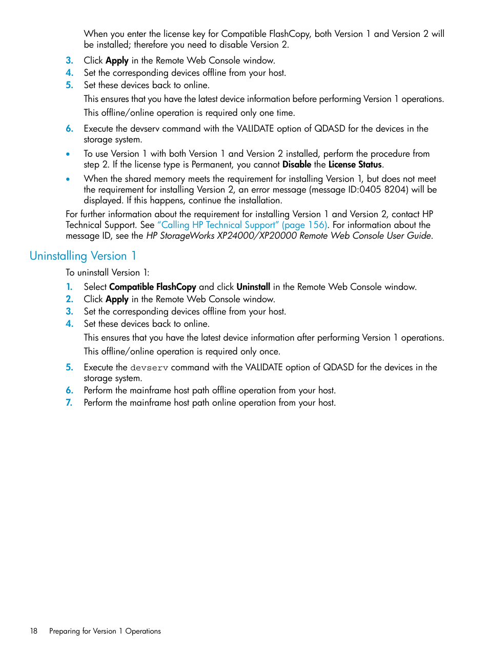 Uninstalling version 1 | HP StorageWorks XP Remote Web Console Software User Manual | Page 18 / 161