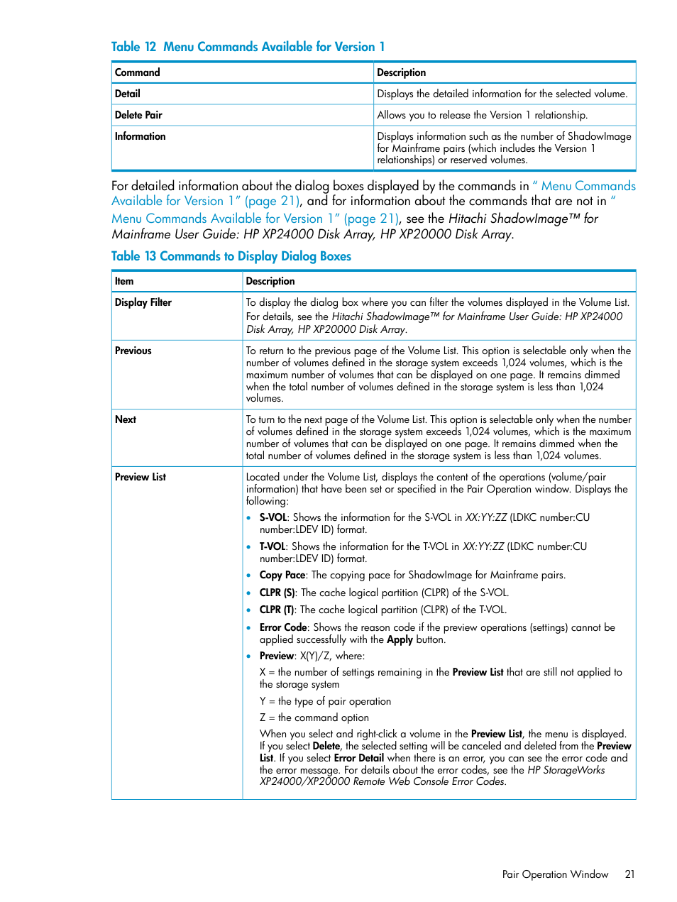 Menu commands | HP StorageWorks XP Remote Web Console Software User Manual | Page 21 / 161