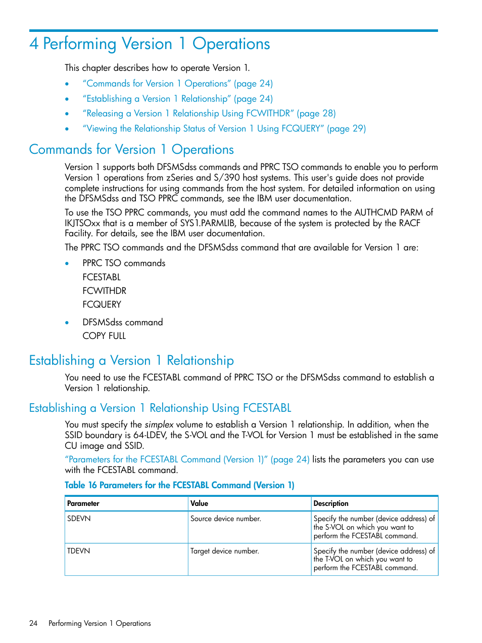 4 performing version 1 operations, Commands for version 1 operations, Establishing a version 1 relationship | Performing version 1, Parameters for the fcestabl command (version | HP StorageWorks XP Remote Web Console Software User Manual | Page 24 / 161