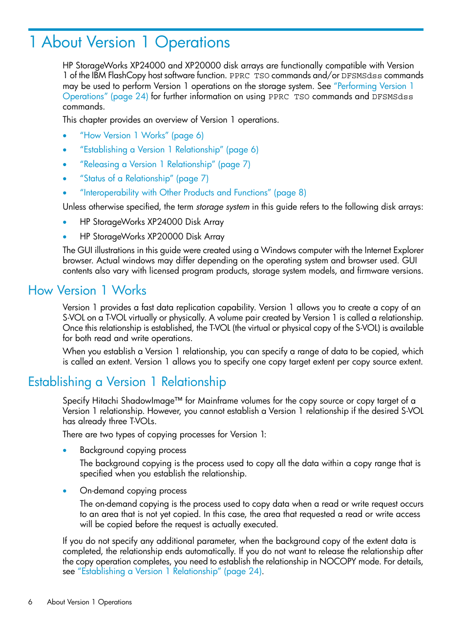 1 about version 1 operations, How version 1 works, Establishing a version 1 relationship | HP StorageWorks XP Remote Web Console Software User Manual | Page 6 / 161