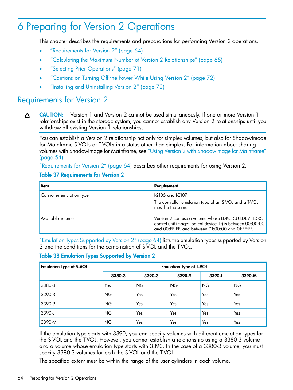 6 preparing for version 2 operations, Requirements for version 2, Emulation types supported by version | Emulation types supported by version 2 | HP StorageWorks XP Remote Web Console Software User Manual | Page 64 / 161