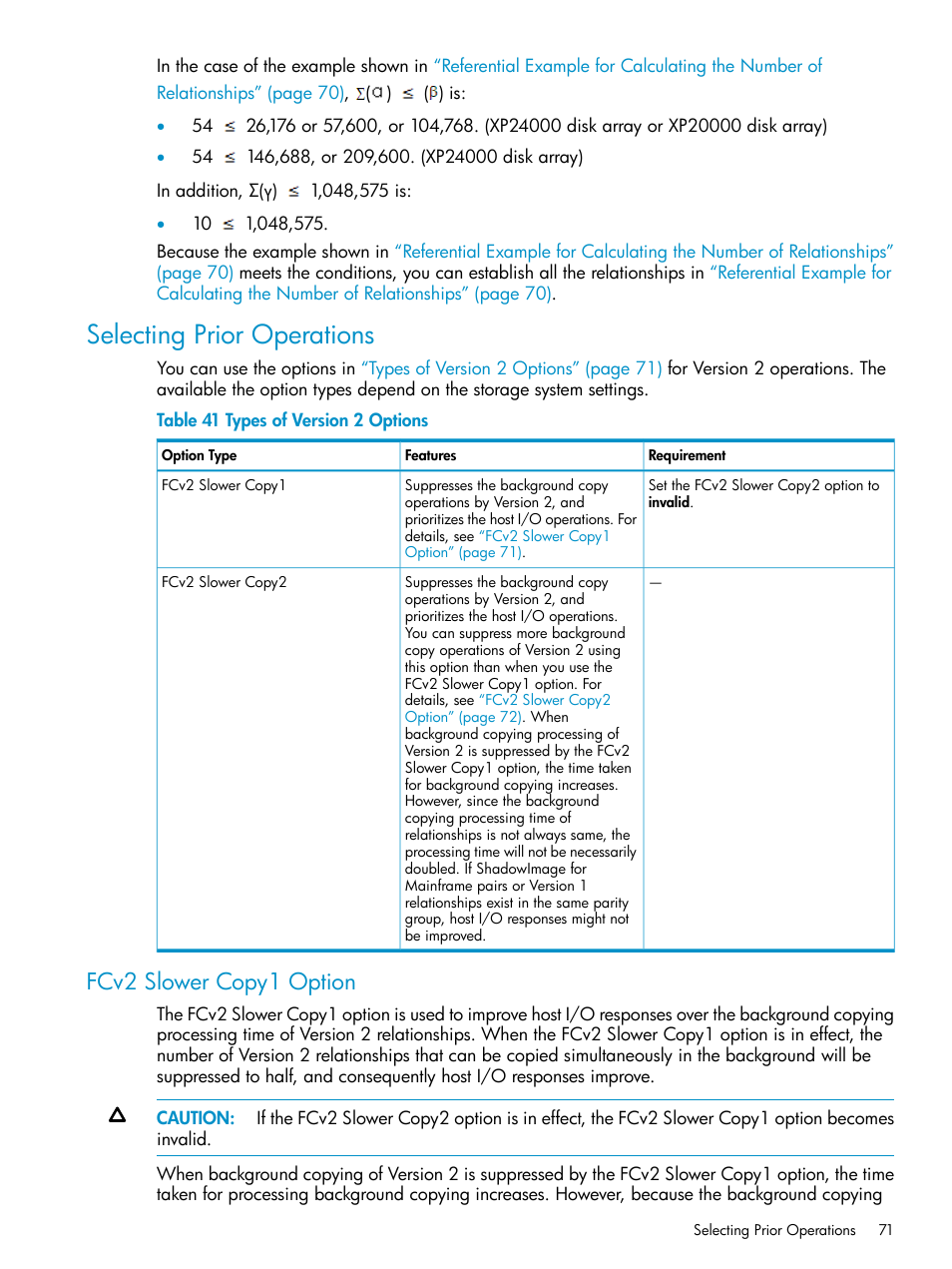 Selecting prior operations, Fcv2 slower copy1 option | HP StorageWorks XP Remote Web Console Software User Manual | Page 71 / 161