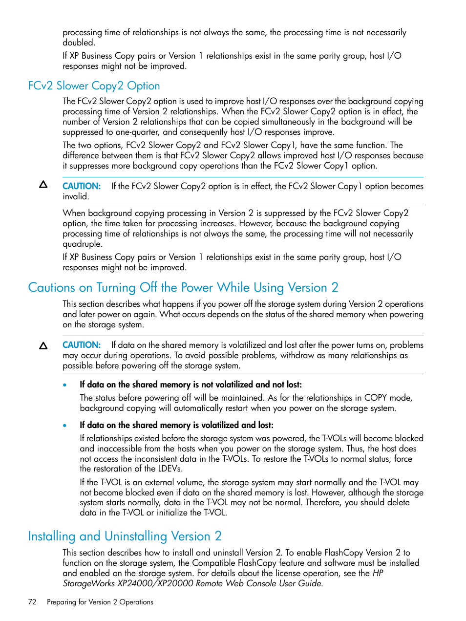 Fcv2 slower copy2 option, Installing and uninstalling version 2, Fcv2 slower copy2 | HP StorageWorks XP Remote Web Console Software User Manual | Page 72 / 161