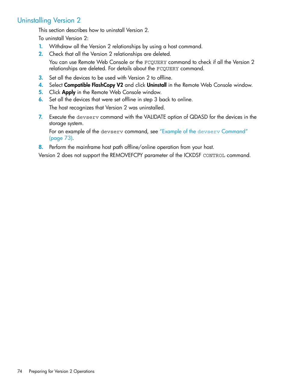 Uninstalling version 2 | HP StorageWorks XP Remote Web Console Software User Manual | Page 74 / 161