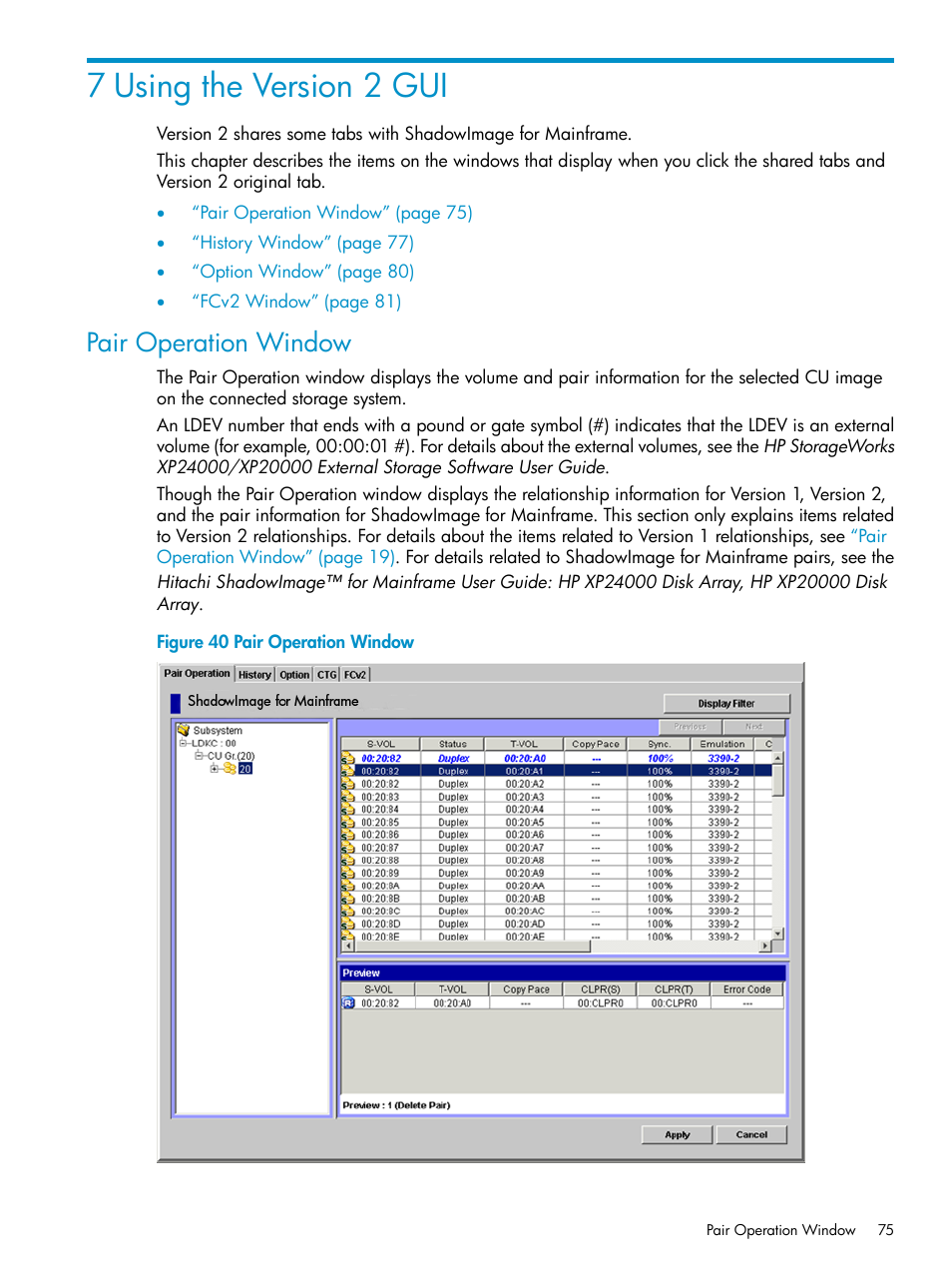 7 using the version 2 gui, Pair operation window | HP StorageWorks XP Remote Web Console Software User Manual | Page 75 / 161