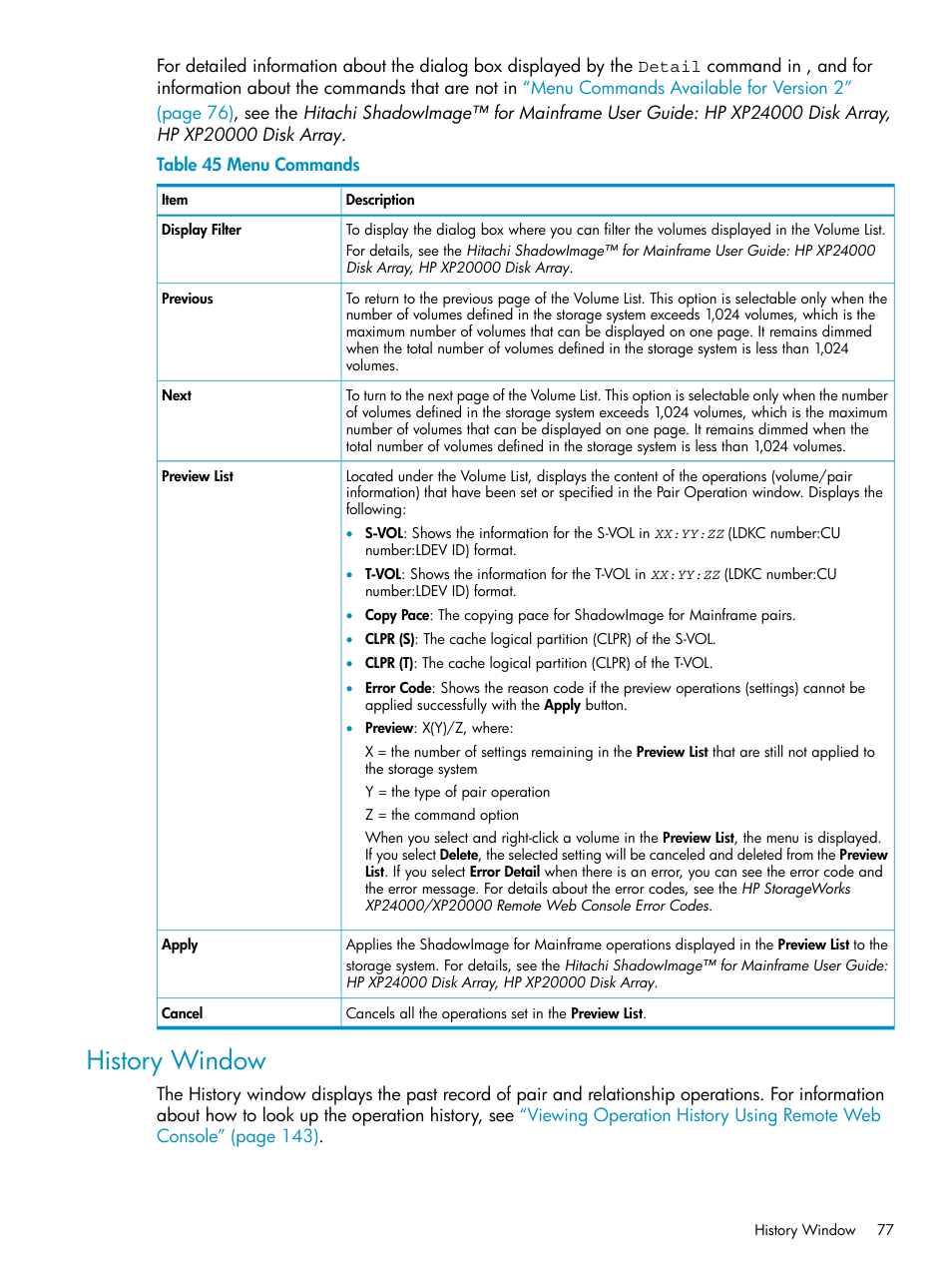 History window | HP StorageWorks XP Remote Web Console Software User Manual | Page 77 / 161