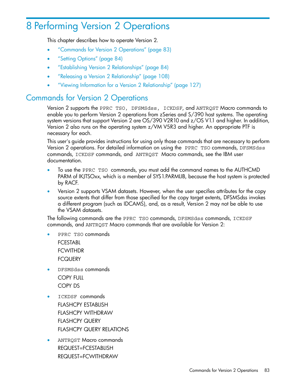 8 performing version 2 operations, Commands for version 2 operations | HP StorageWorks XP Remote Web Console Software User Manual | Page 83 / 161