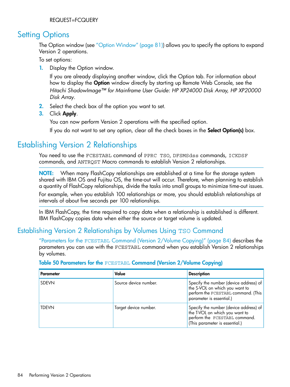 Setting options, Establishing version 2 relationships, Establishing version | HP StorageWorks XP Remote Web Console Software User Manual | Page 84 / 161