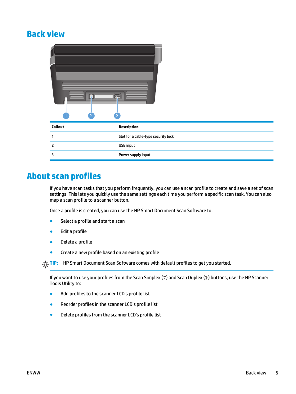 Back view, About scan profiles, Back view about scan profiles | HP Scanjet Enterprise Flow 5000 s2 Sheet-feed Scanner User Manual | Page 11 / 70