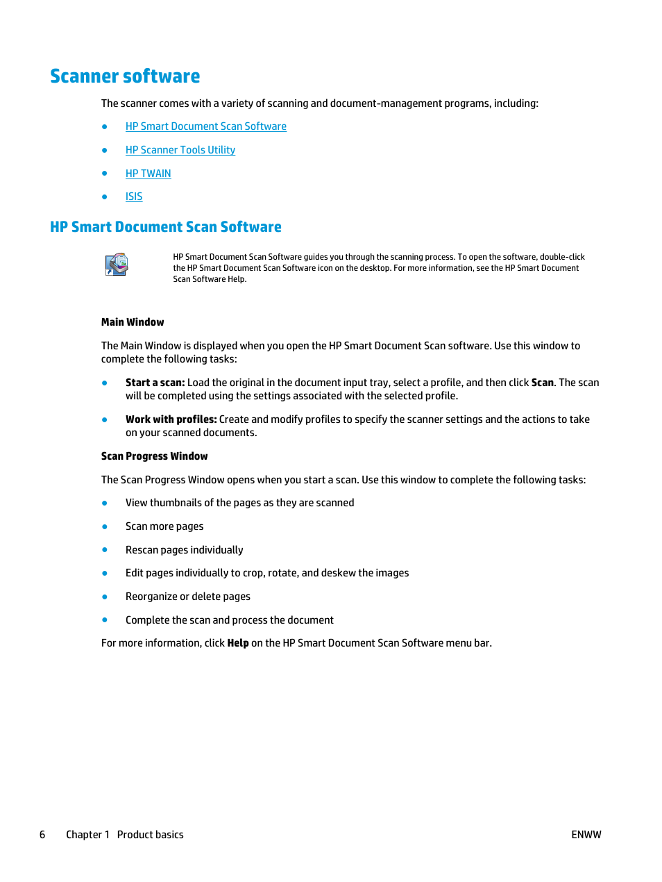 Scanner software, Hp smart document scan software | HP Scanjet Enterprise Flow 5000 s2 Sheet-feed Scanner User Manual | Page 12 / 70
