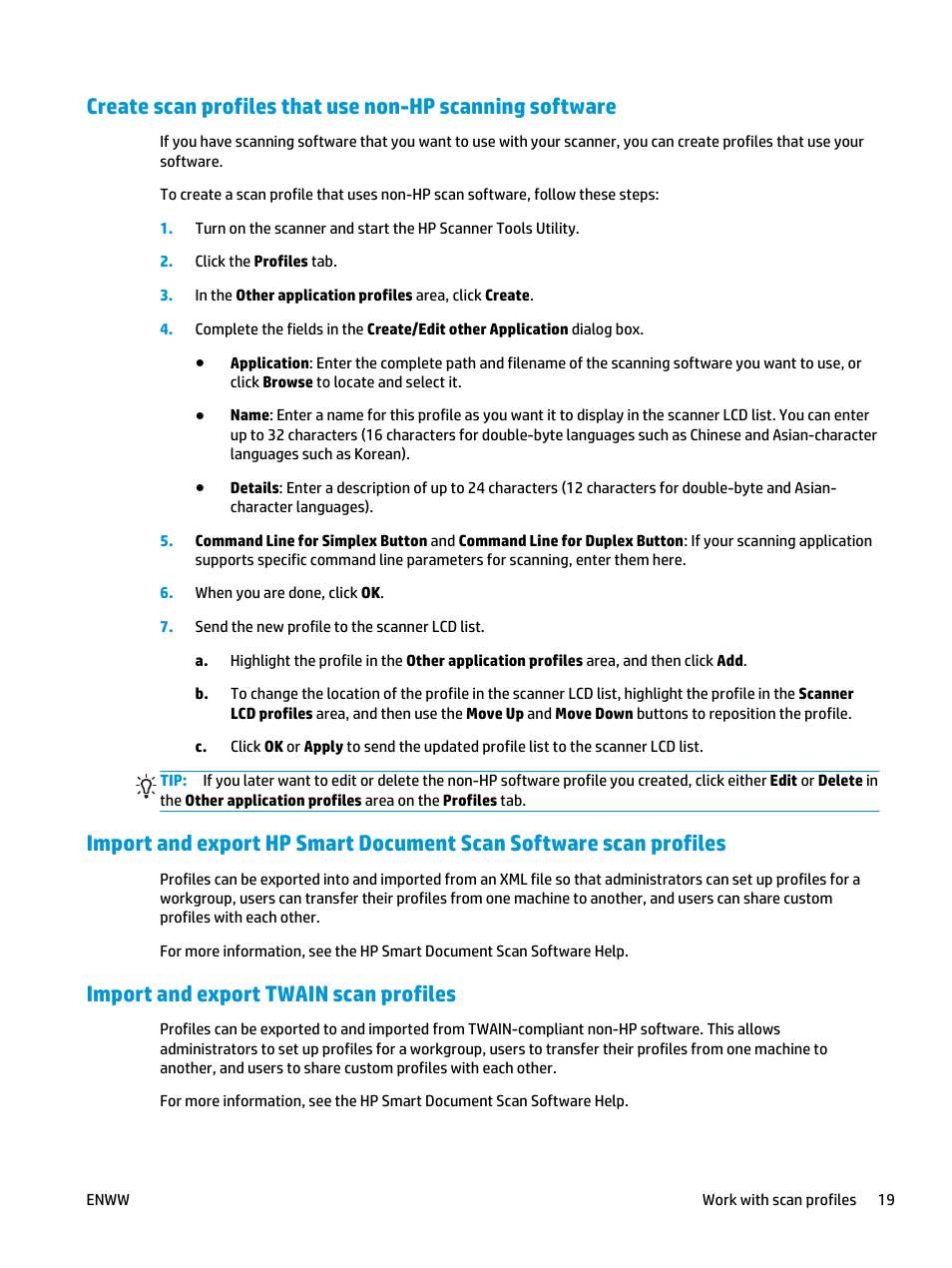 Import and export twain scan profiles | HP Scanjet Enterprise Flow 5000 s2 Sheet-feed Scanner User Manual | Page 25 / 70