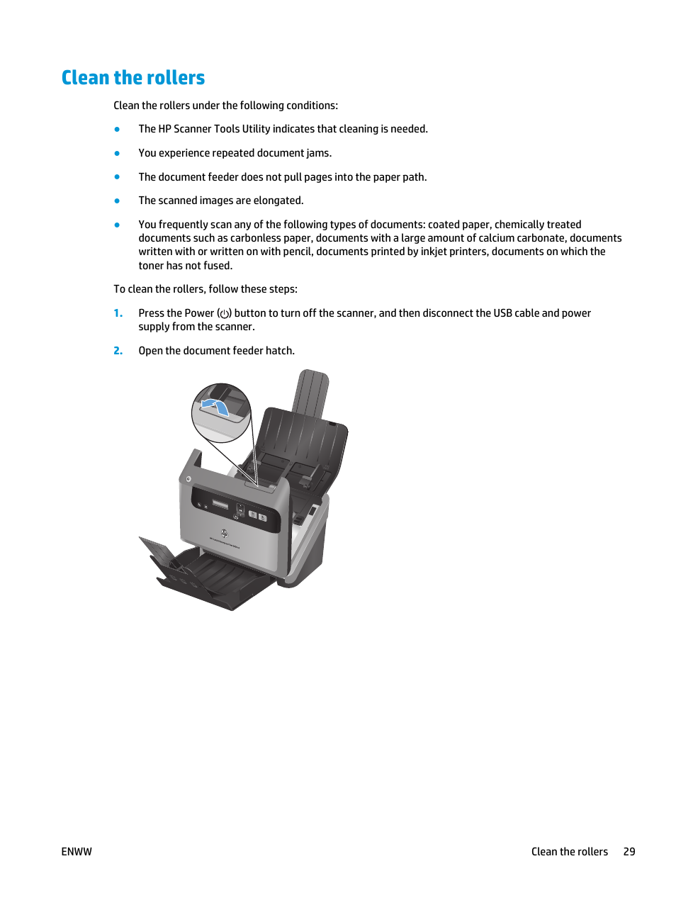 Clean the rollers | HP Scanjet Enterprise Flow 5000 s2 Sheet-feed Scanner User Manual | Page 35 / 70