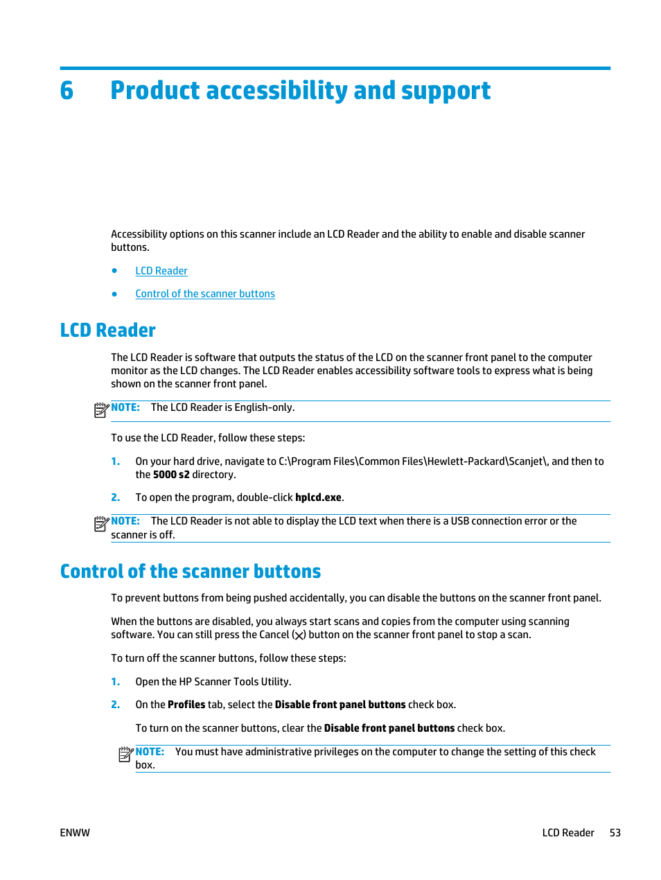 Product accessibility and support, Lcd reader, Control of the scanner buttons | 6 product accessibility and support, Lcd reader control of the scanner buttons, 6product accessibility and support | HP Scanjet Enterprise Flow 5000 s2 Sheet-feed Scanner User Manual | Page 59 / 70