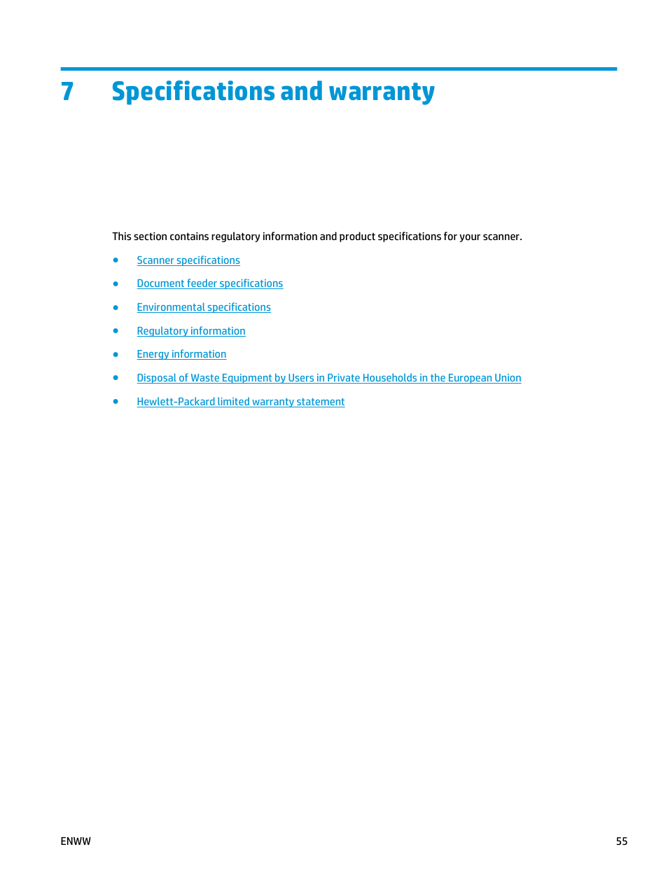 Specifications and warranty, 7 specifications and warranty, 7specifications and warranty | HP Scanjet Enterprise Flow 5000 s2 Sheet-feed Scanner User Manual | Page 61 / 70