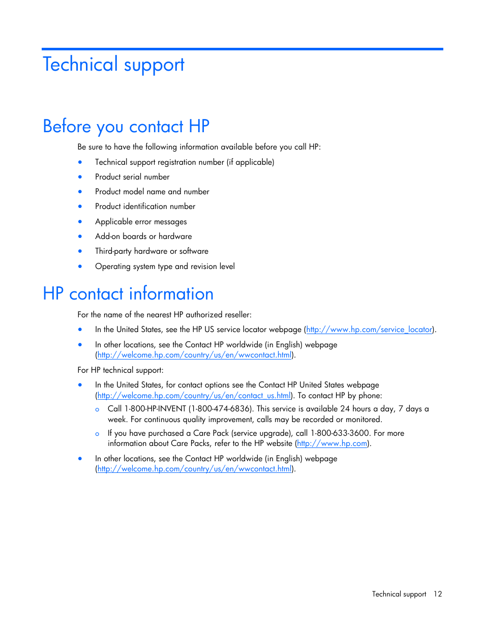 Technical support, Before you contact hp, Hp contact information | HP Virtual Connect 1.10Gb-F Ethernet Module for c-Class BladeSystem User Manual | Page 12 / 13