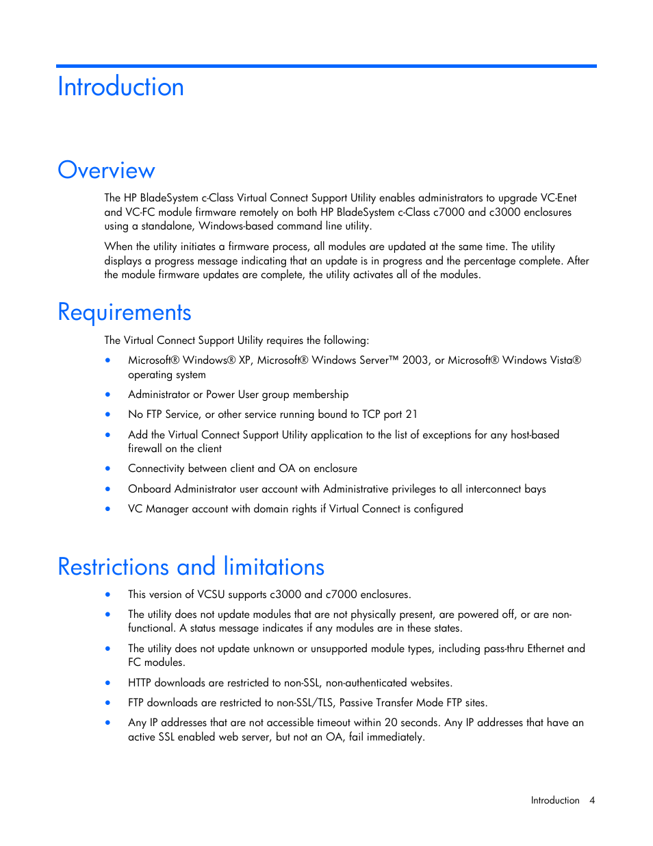 Introduction, Overview, Requirements | Restrictions and limitations | HP Virtual Connect 1.10Gb-F Ethernet Module for c-Class BladeSystem User Manual | Page 4 / 13