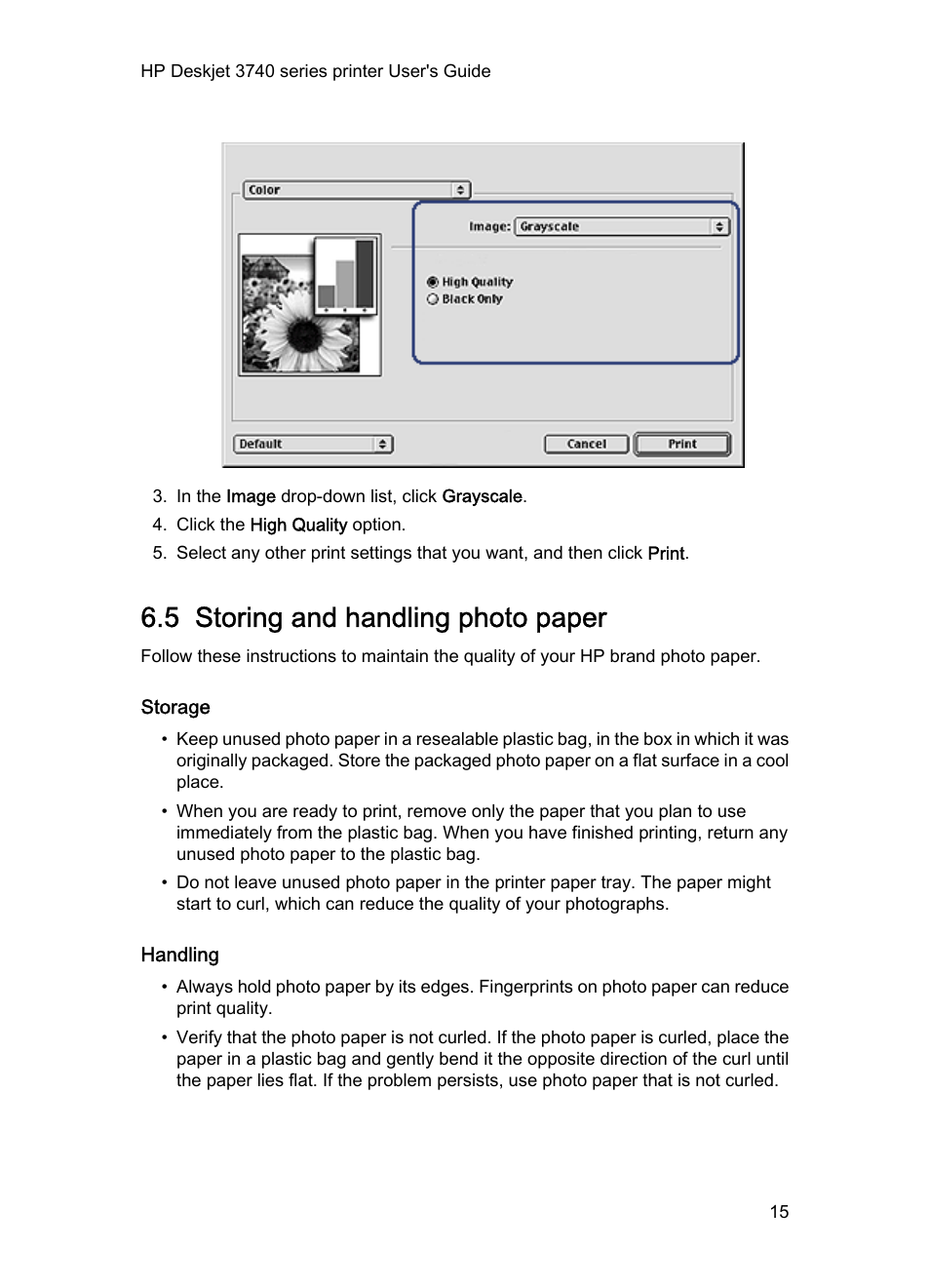 5 storing and handling photo paper, Storage, Handling | Photo paper storage guidelines | HP Deskjet 3745 Color Inkjet Printer User Manual | Page 15 / 75