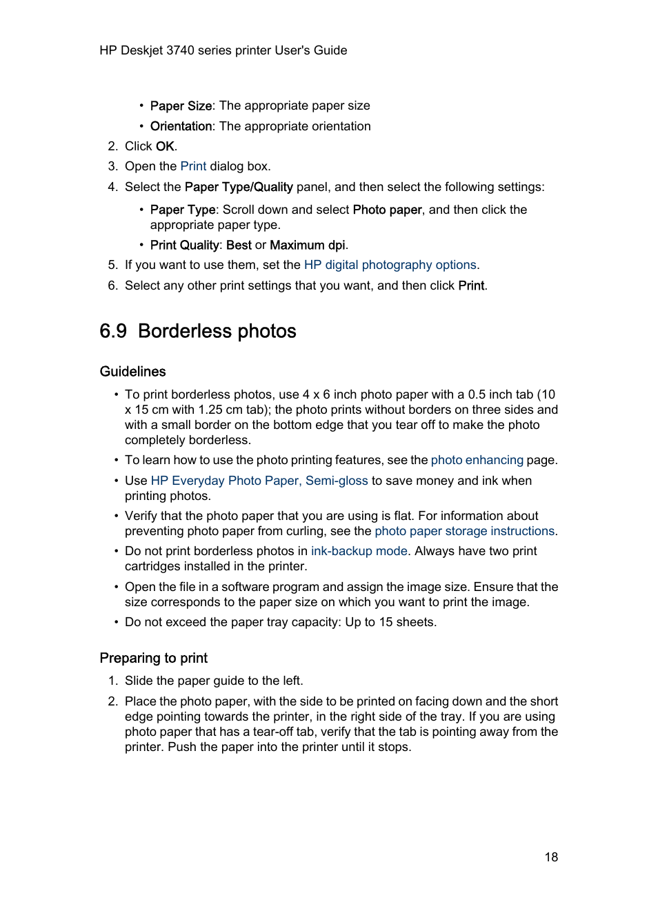 9 borderless photos, Guidelines, Preparing to print | Borderless printing, Feature, Small borderless photo | HP Deskjet 3745 Color Inkjet Printer User Manual | Page 18 / 75