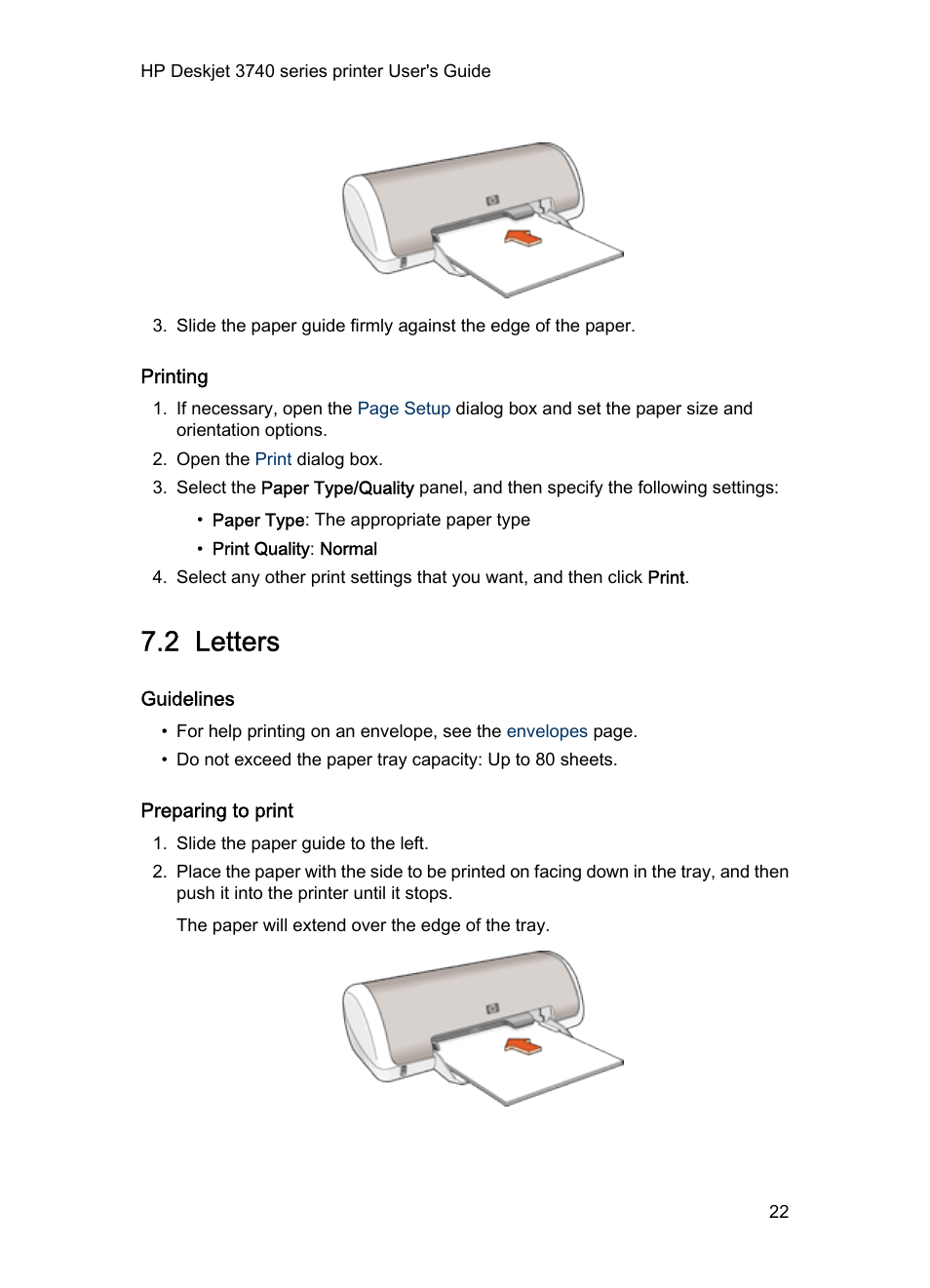 Printing, 2 letters, Guidelines | Preparing to print, Letters | HP Deskjet 3745 Color Inkjet Printer User Manual | Page 22 / 75