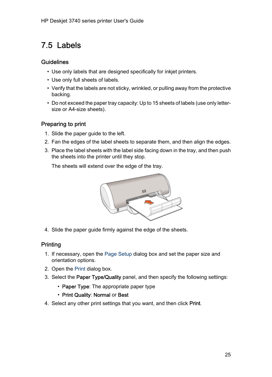 5 labels, Guidelines, Preparing to print | Printing, Labels | HP Deskjet 3745 Color Inkjet Printer User Manual | Page 25 / 75