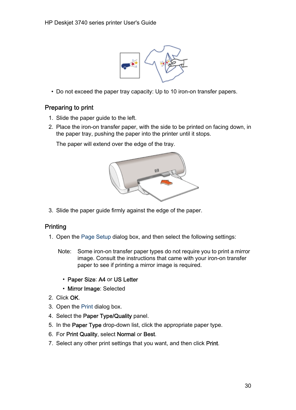 Preparing to print, Printing | HP Deskjet 3745 Color Inkjet Printer User Manual | Page 30 / 75