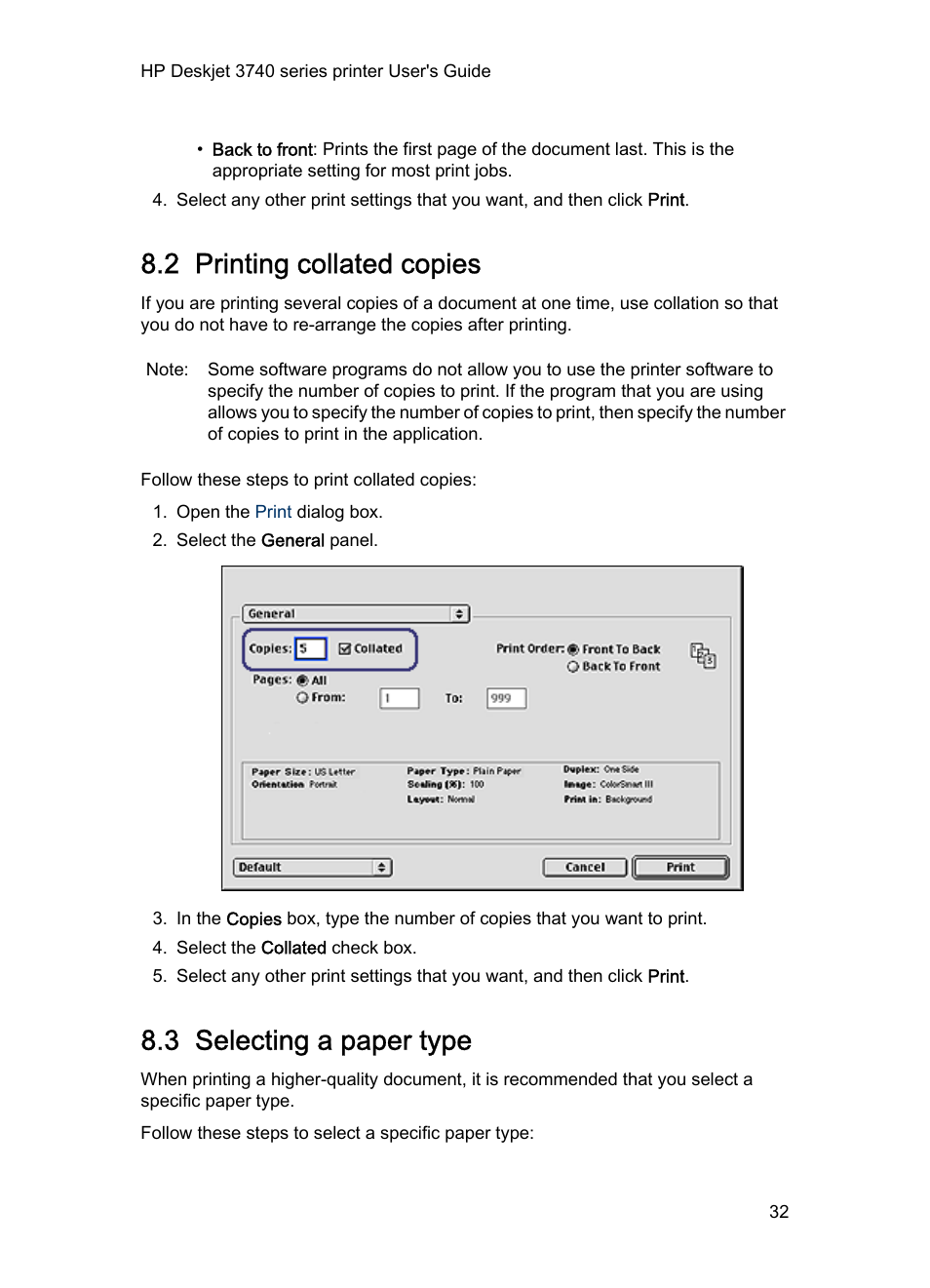 2 printing collated copies, 3 selecting a paper type, Collated copies | Select the correct, Paper type | HP Deskjet 3745 Color Inkjet Printer User Manual | Page 32 / 75