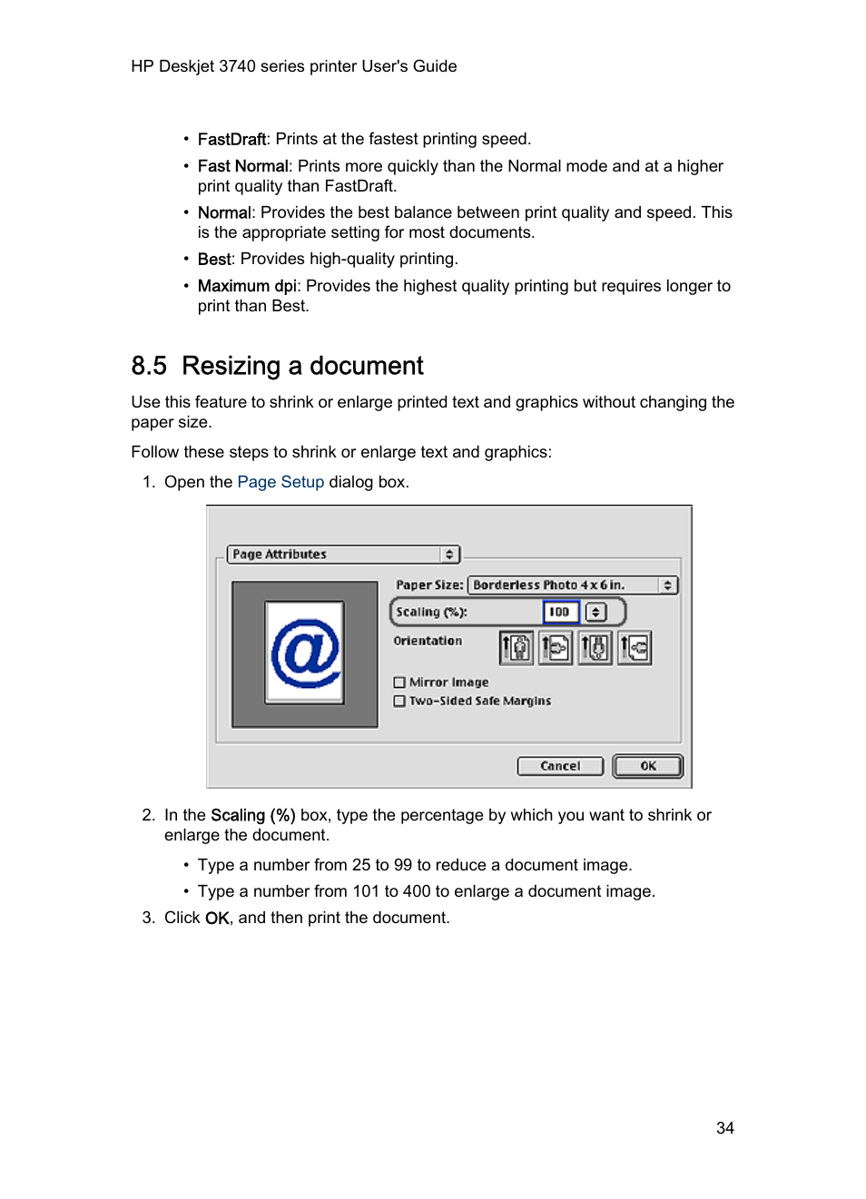 5 resizing a document, Resize | HP Deskjet 3745 Color Inkjet Printer User Manual | Page 34 / 75