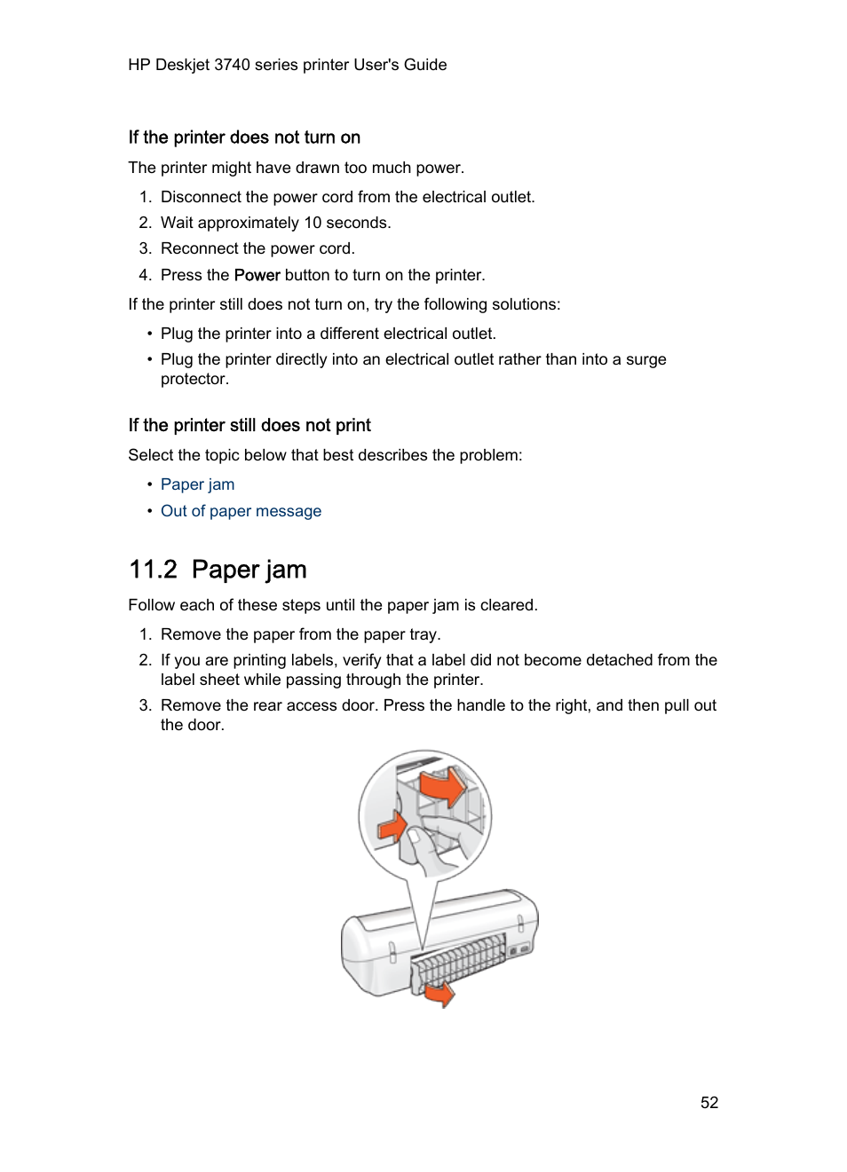 If the printer does not turn on, If the printer still does not print, 2 paper jam | Paper jam | HP Deskjet 3745 Color Inkjet Printer User Manual | Page 52 / 75