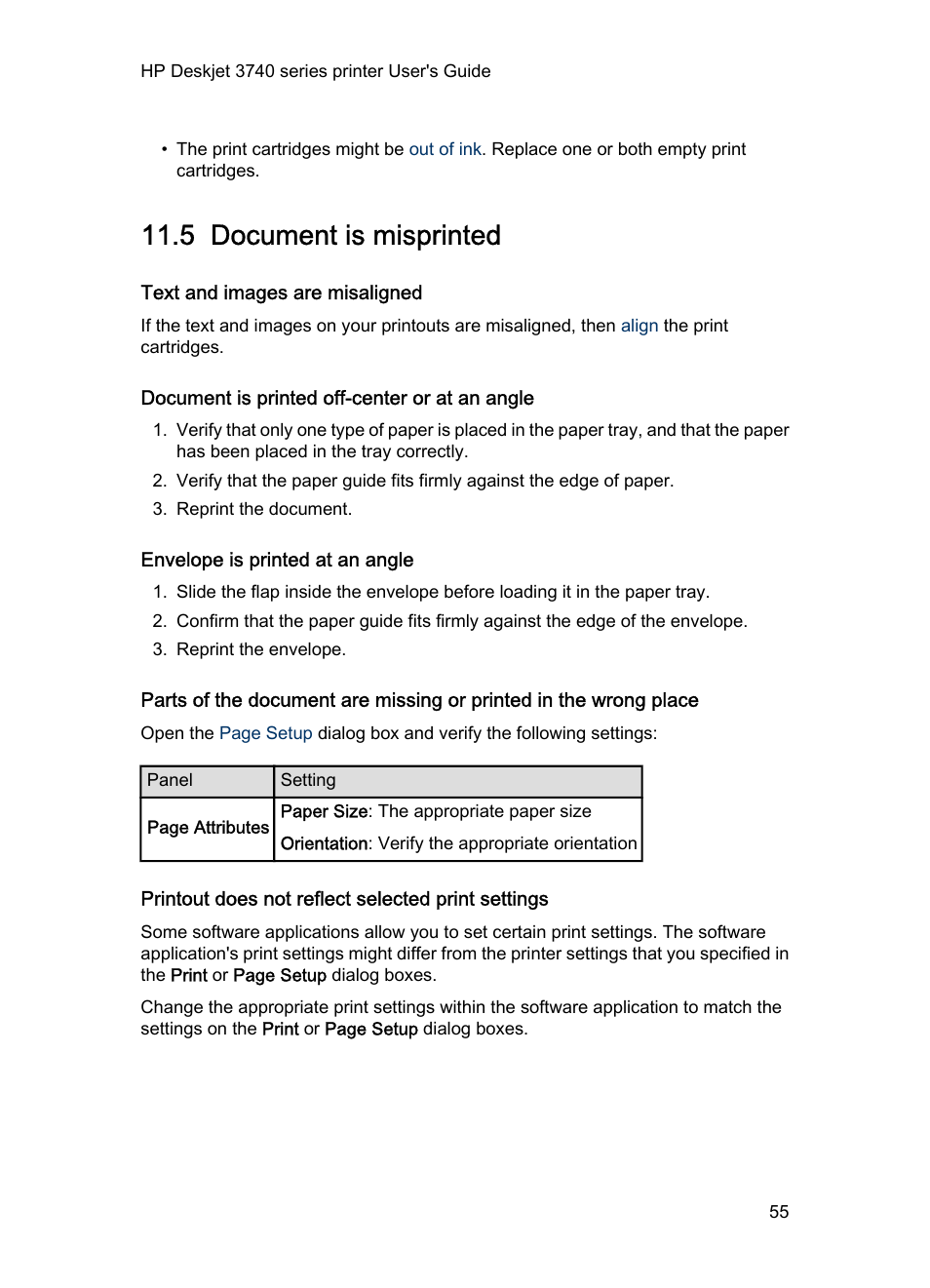 5 document is misprinted, Text and images are misaligned, Document is printed off-center or at an angle | Envelope is printed at an angle, Printout does not reflect selected print settings, Document is misprinted | HP Deskjet 3745 Color Inkjet Printer User Manual | Page 55 / 75