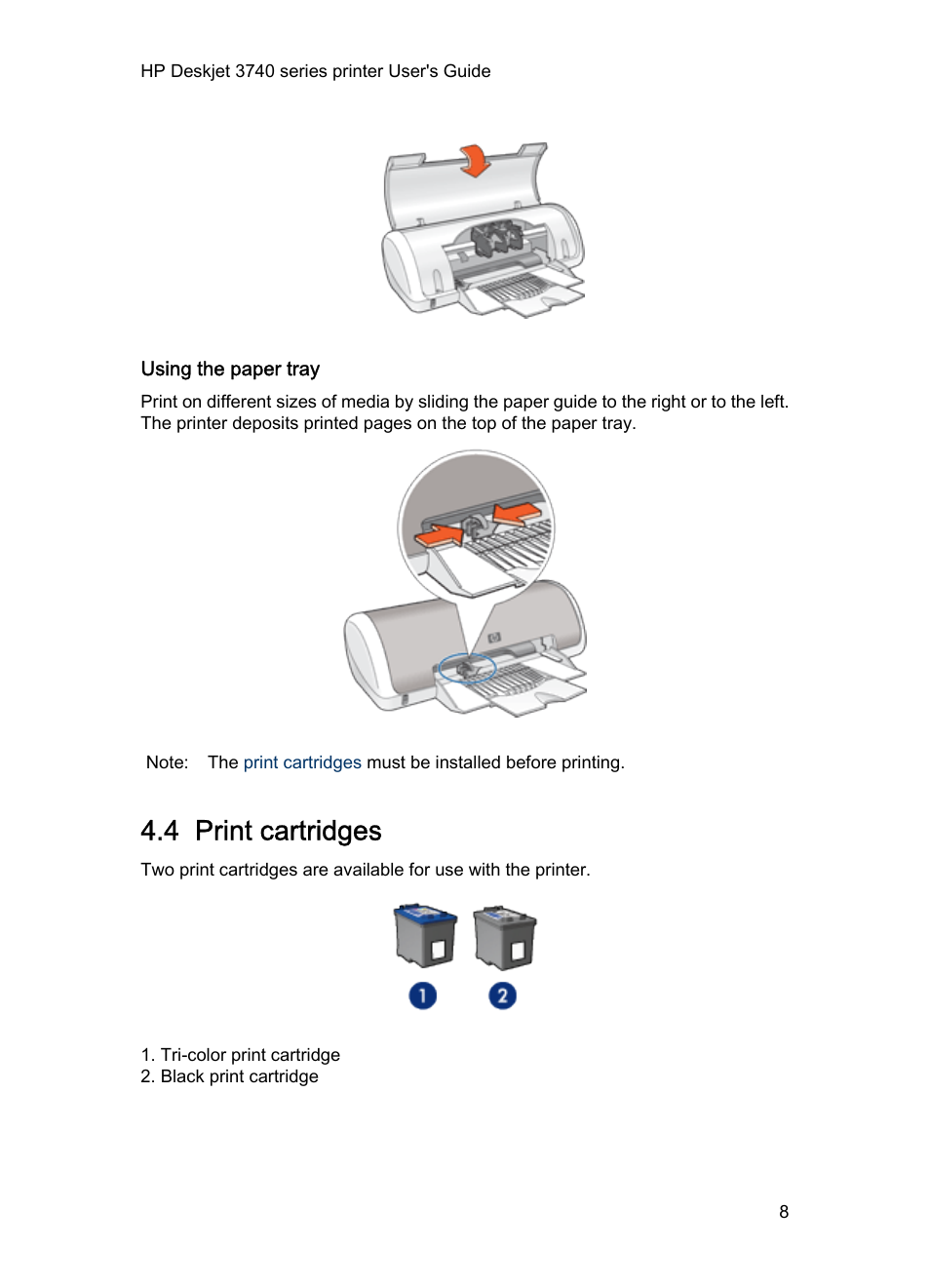 Using the paper tray, 4 print cartridges, Print cartridges | HP Deskjet 3745 Color Inkjet Printer User Manual | Page 8 / 75