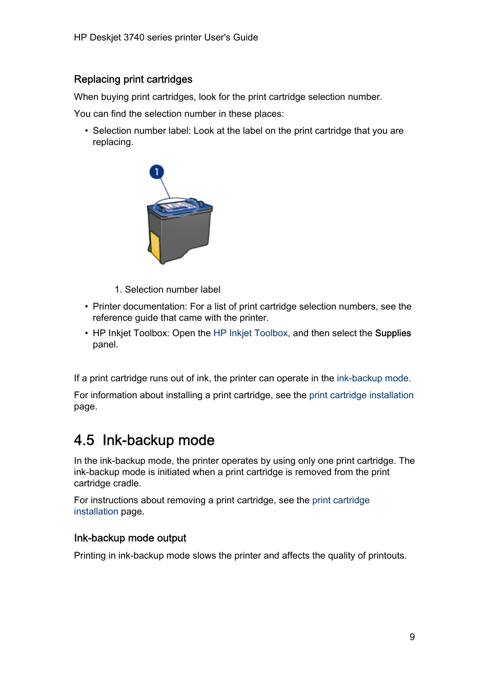 Replacing print cartridges, 5 ink-backup mode, Ink-backup mode output | Ink-backup mode, To continue printing with one print | HP Deskjet 3745 Color Inkjet Printer User Manual | Page 9 / 75