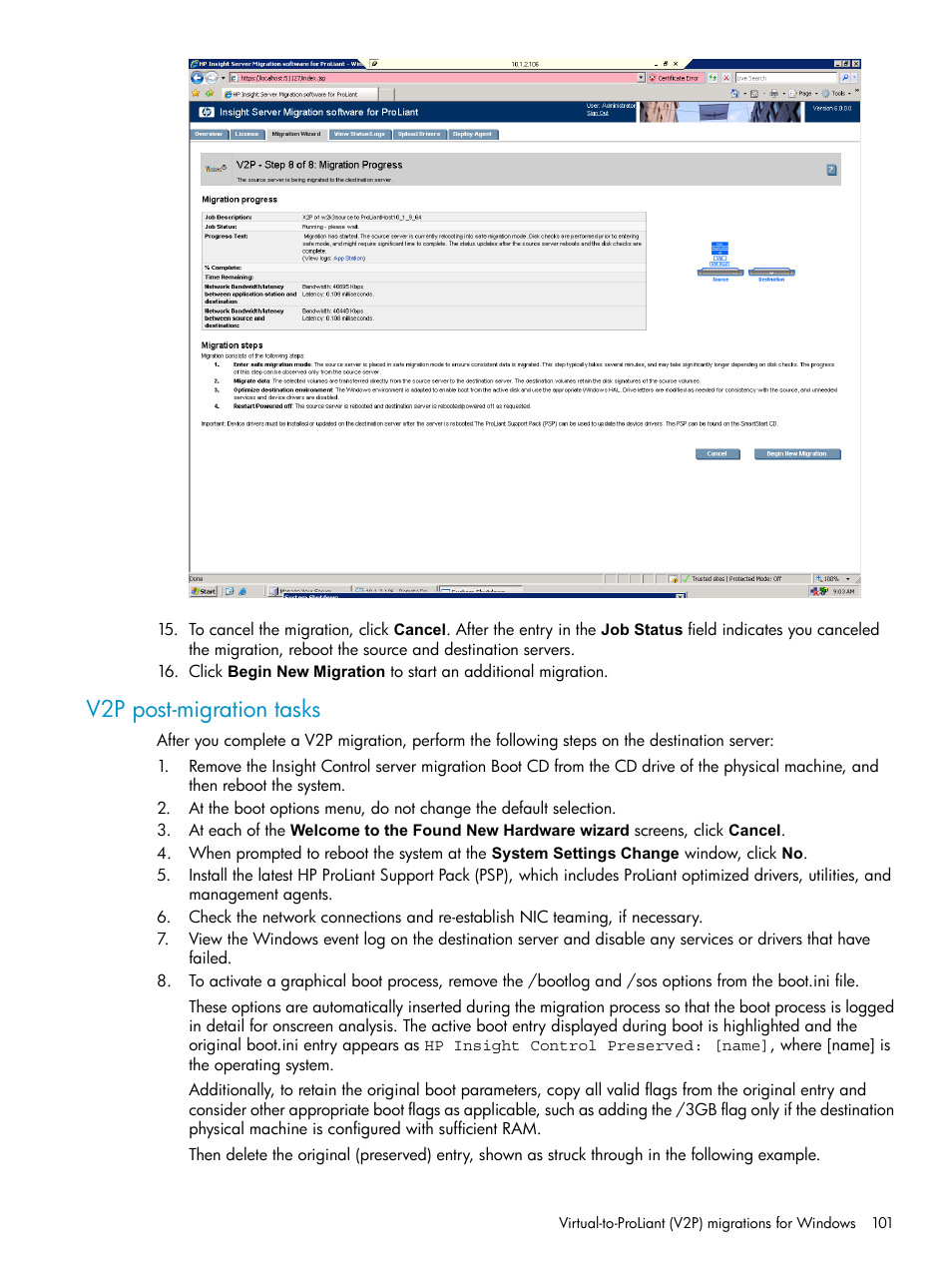 V2p post-migration tasks | HP Insight Control User Manual | Page 101 / 173