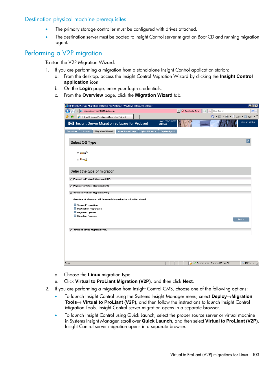 Destination physical machine prerequisites, Performing a v2p migration | HP Insight Control User Manual | Page 103 / 173