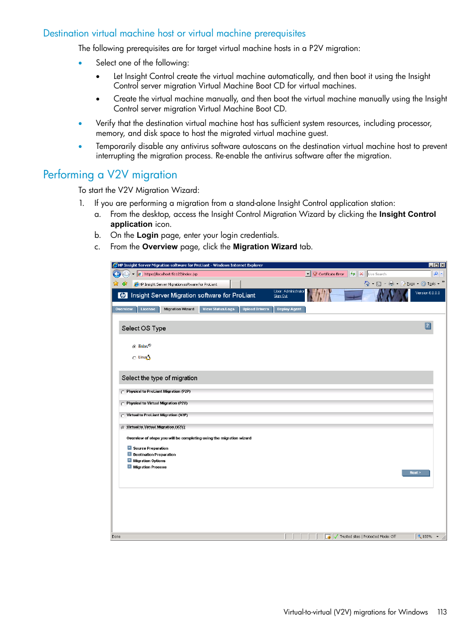 Performing a v2v migration | HP Insight Control User Manual | Page 113 / 173