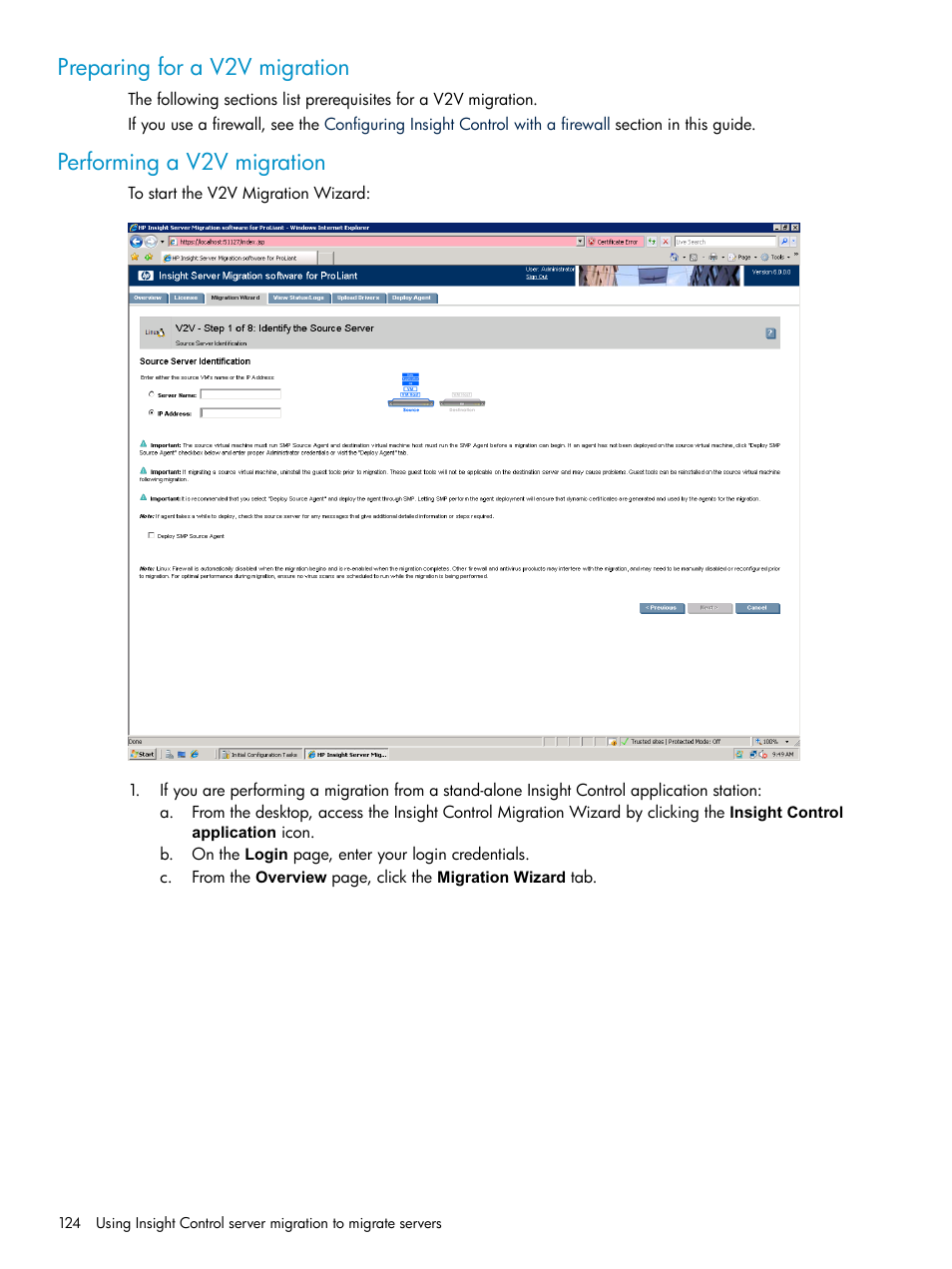 Preparing for a v2v migration, Performing a v2v migration | HP Insight Control User Manual | Page 124 / 173