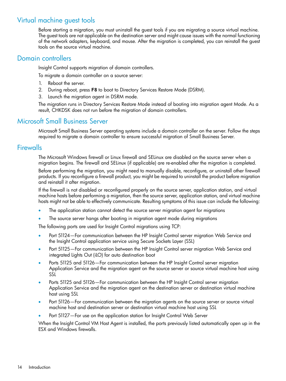 Virtual machine guest tools, Domain controllers, Microsoft small business server | Firewalls | HP Insight Control User Manual | Page 14 / 173