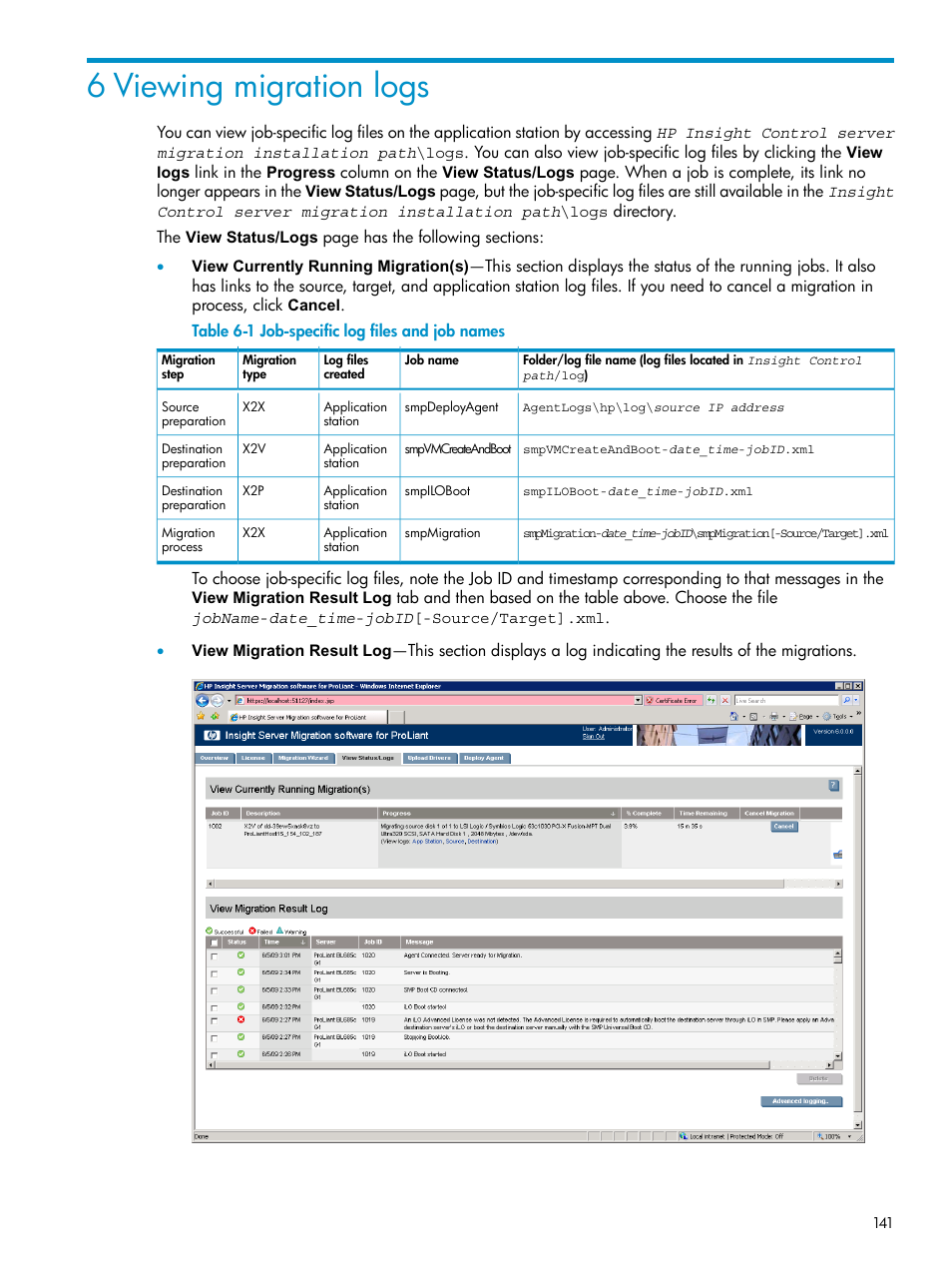 6 viewing migration logs, Job-specific log files and job names, Viewing migration logs | HP Insight Control User Manual | Page 141 / 173