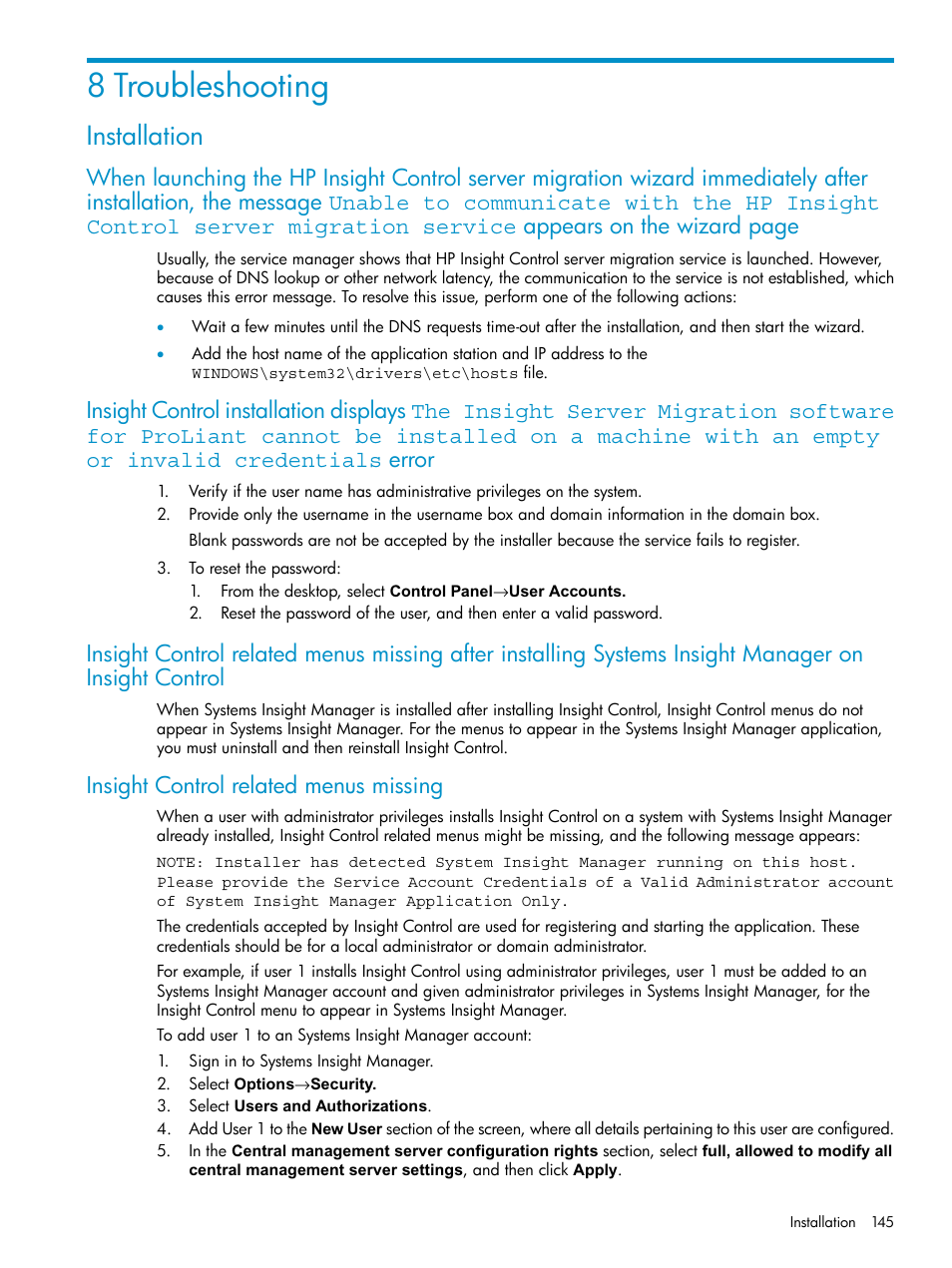 8 troubleshooting, Installation, Insight control related menus missing | HP Insight Control User Manual | Page 145 / 173