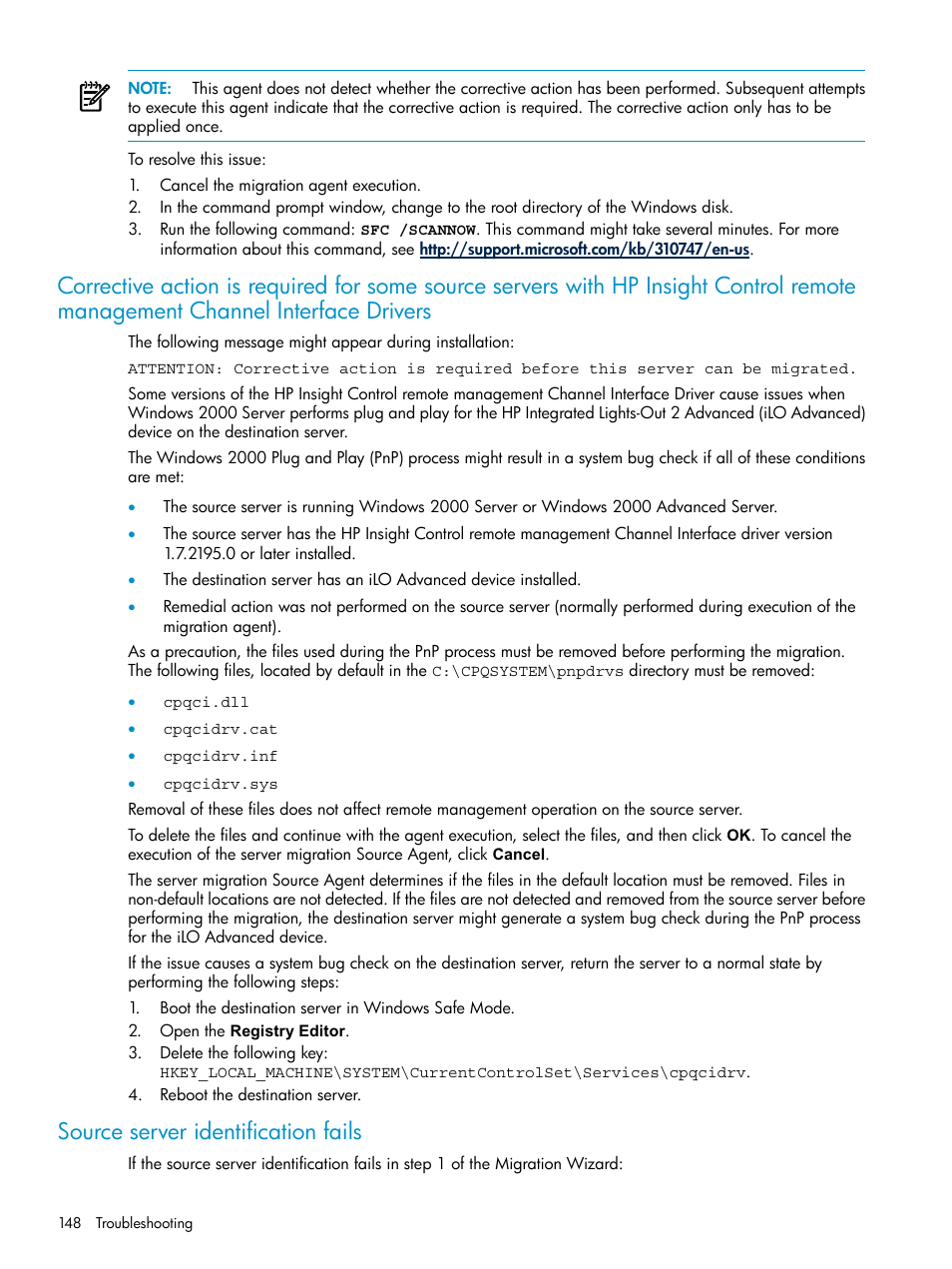 Source server identification fails | HP Insight Control User Manual | Page 148 / 173