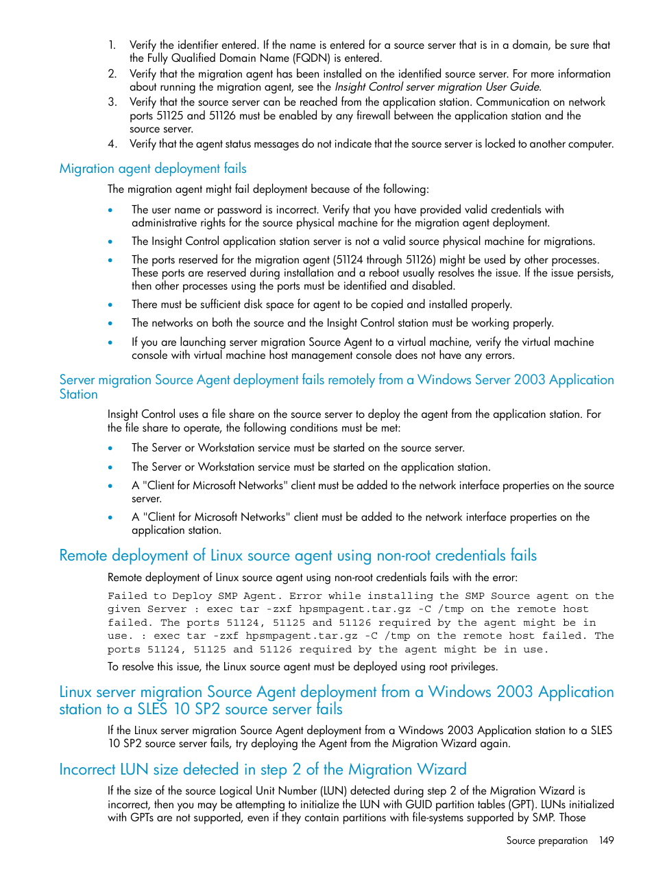 Migration agent deployment fails | HP Insight Control User Manual | Page 149 / 173