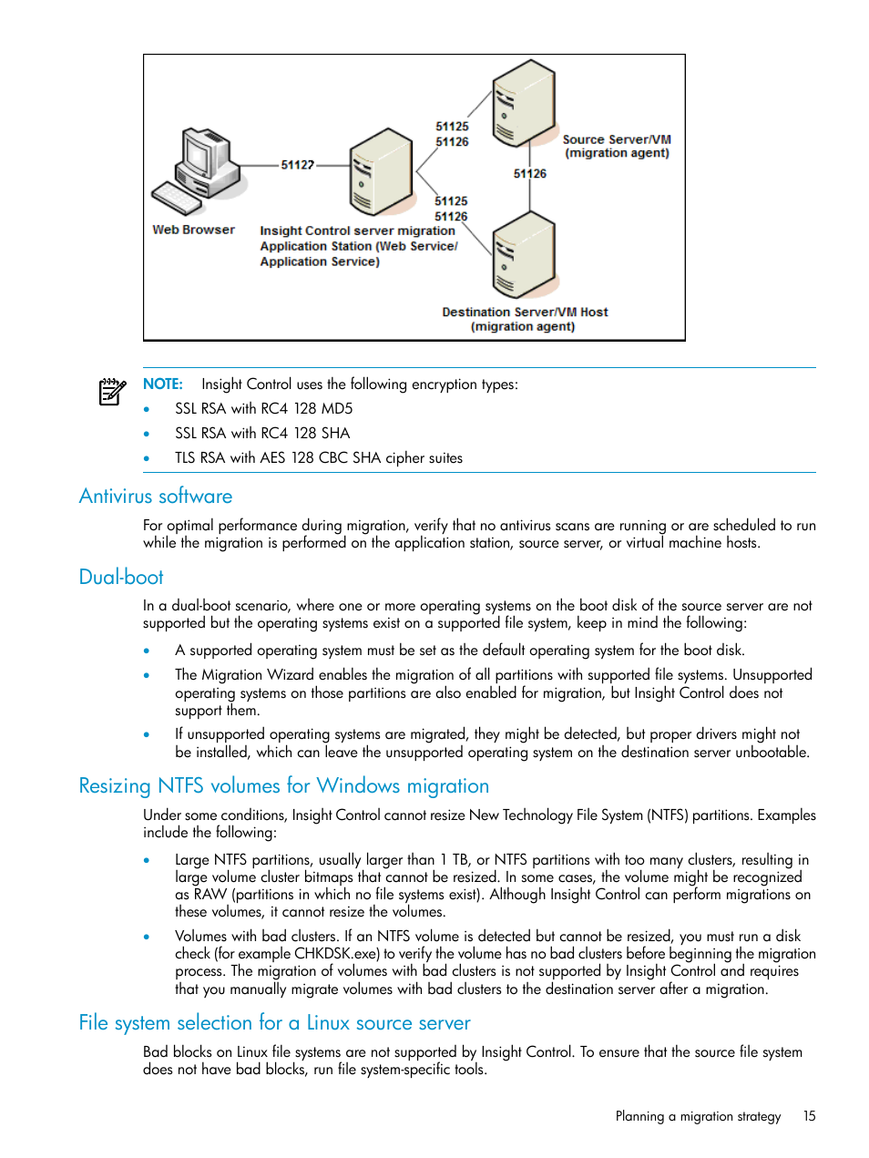 Antivirus software, Dual-boot, Resizing ntfs volumes for windows migration | File system selection for a linux source server | HP Insight Control User Manual | Page 15 / 173