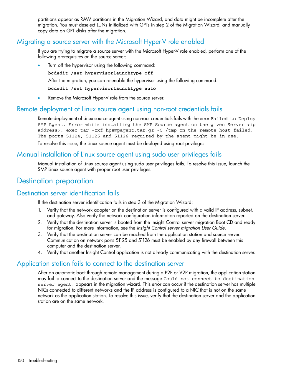 Destination preparation, Destination server identification fails | HP Insight Control User Manual | Page 150 / 173
